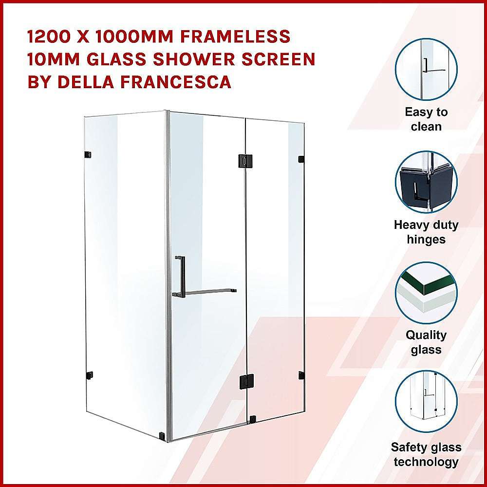 10mm Frameless Glass Shower Screen 1200x1000mm - Modern Bathroom Enclosure by Della Francesca - Perfect for Walk-in Showers and Bathroom Renovations