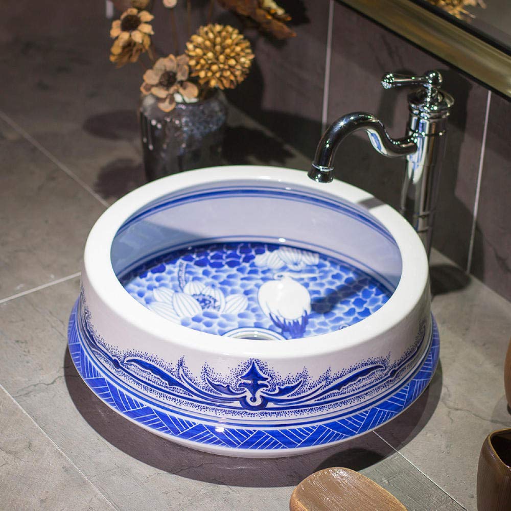LEFEDA Handmade Ceramic Vessel Sink - Blue & White Countertop Bathroom Basin for Vanity, Hotel, and Luxury Home Decor - Perfect for Modern Bathroom Renovations and Spa-Inspired Spaces