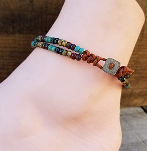 Handmade Beaded Leather Wrap Anklet for Women - 9 Inch Adjustable Bohemian Ankle Bracelet - Perfect for Beach, Festival, and Summer Outfits