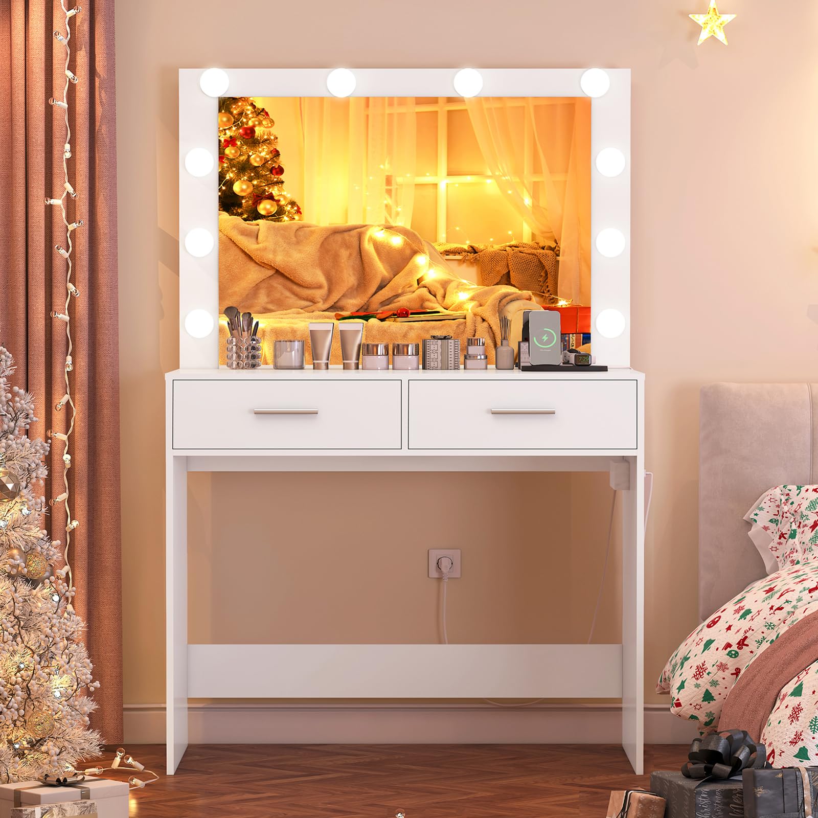 USIKEY White Makeup Vanity Desk with Large LED Lighted Mirror - 10 Lights, 2 Storage Drawers & Built-in Power Strip - Dressing Table for Women & Girls - Perfect for Bedroom, Home Decor & Beauty Routine