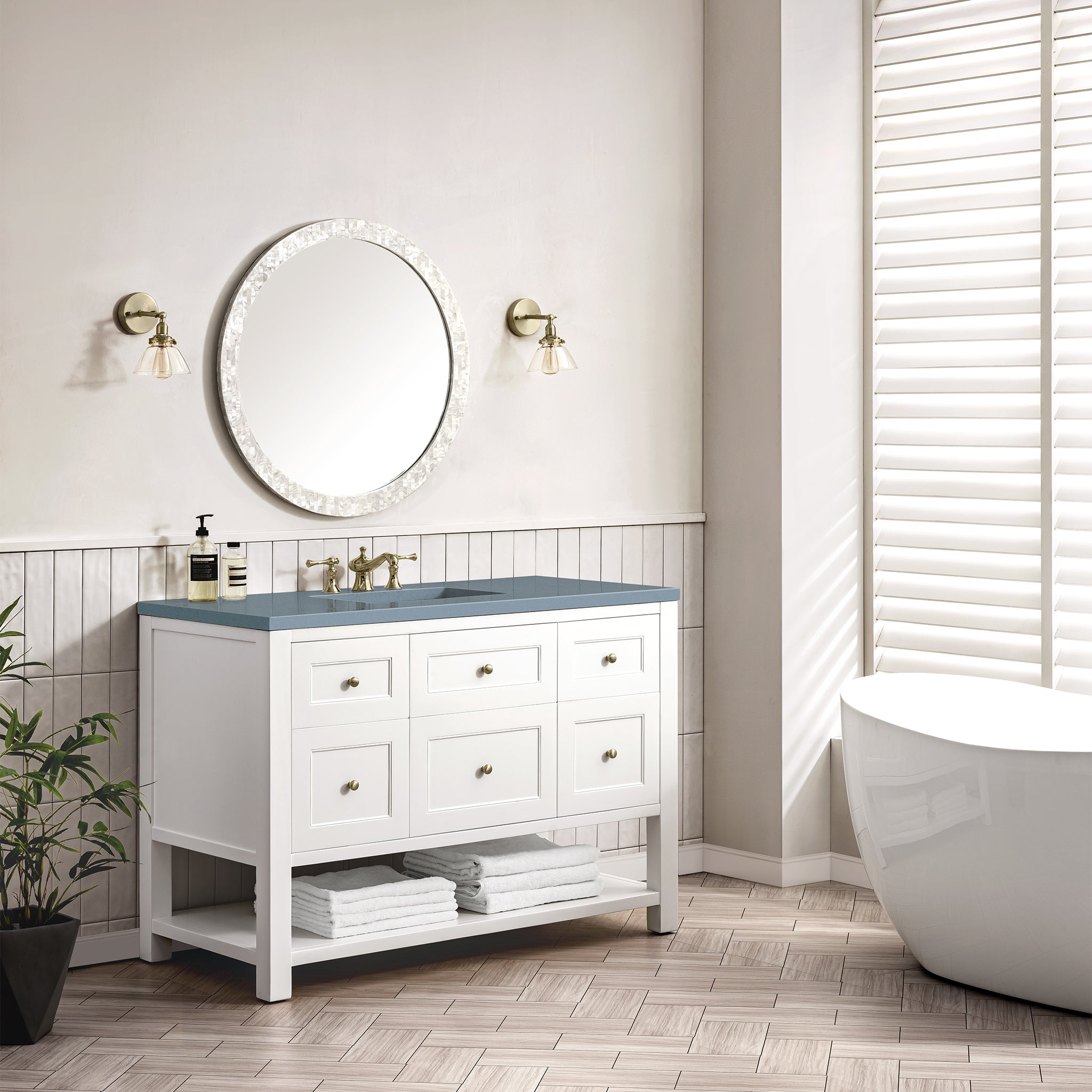 Breckenridge 48 Inch Single Bathroom Vanity Set with Bright White Finish & 3CM Cala Blue Quartz Top - Perfect for Modern Bathroom Renovations & Home Upgrades