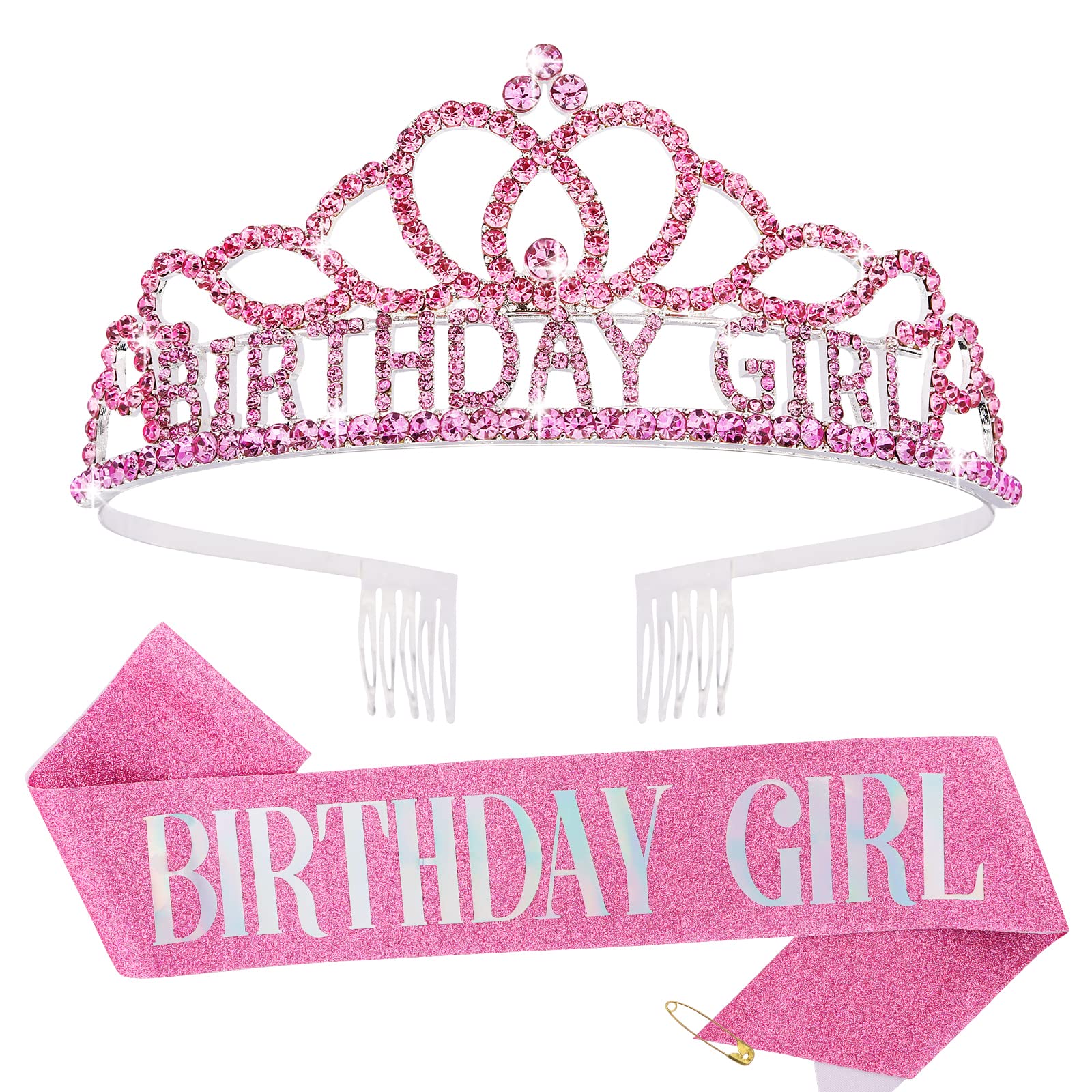 CIEHER Pink Birthday Crown and Sash Set for Women - Elegant Birthday Party Decorations, Princess Tiara & 