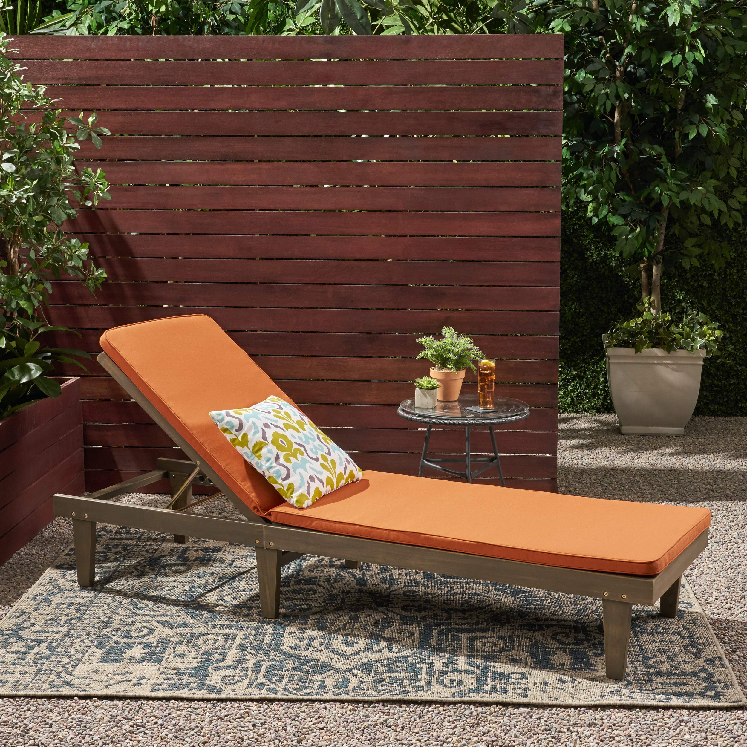 Premium Acacia Wood Outdoor Chaise Lounge with Cushion Set - Gray & Rust Orange - Weather-Resistant Patio Furniture for Poolside, Garden, or Backyard Relaxation