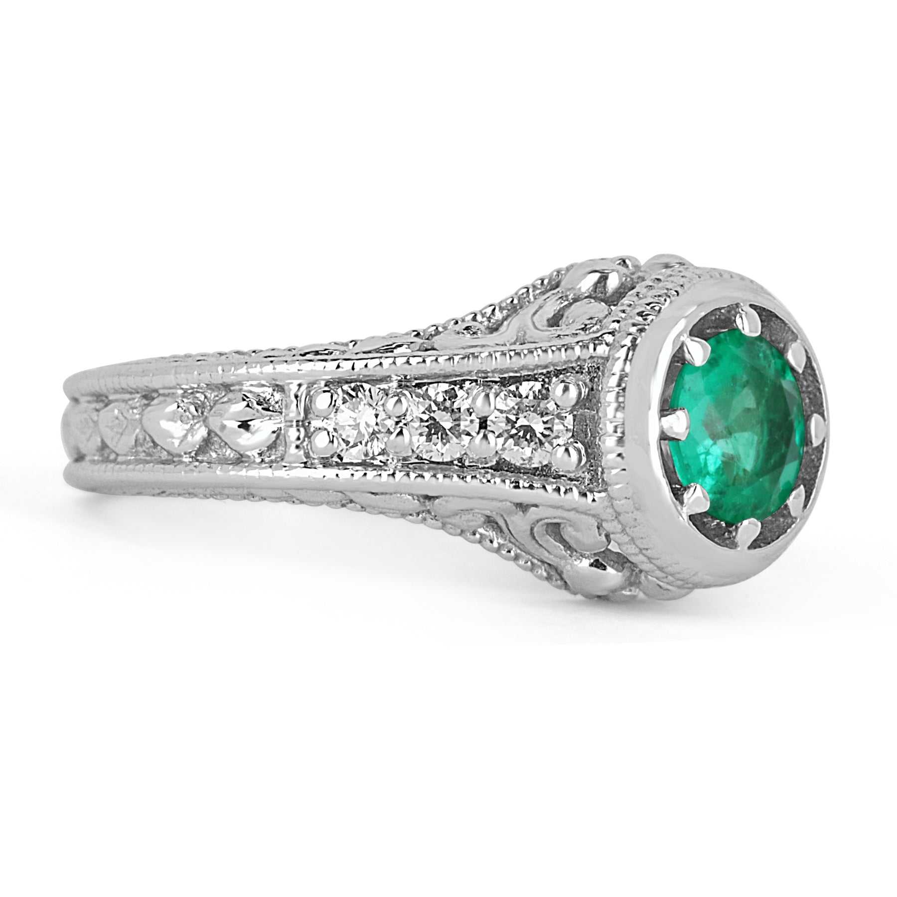 0.98tcw Vintage Scroll Handcrafted Round Emerald & Diamond Engagement Ring in 14K Gold - Perfect for Proposals, Anniversaries & Romantic Occasions