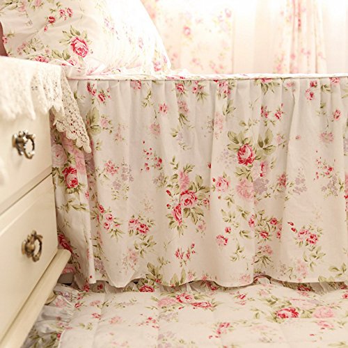Vintage Rose Pink Floral Bed Skirt and Pillowcases Set - 100% Cotton 3-Piece Queen Size Dust Ruffle with Country Rose Design for Bedroom Decor, Home Styling and Guest Room Makeover