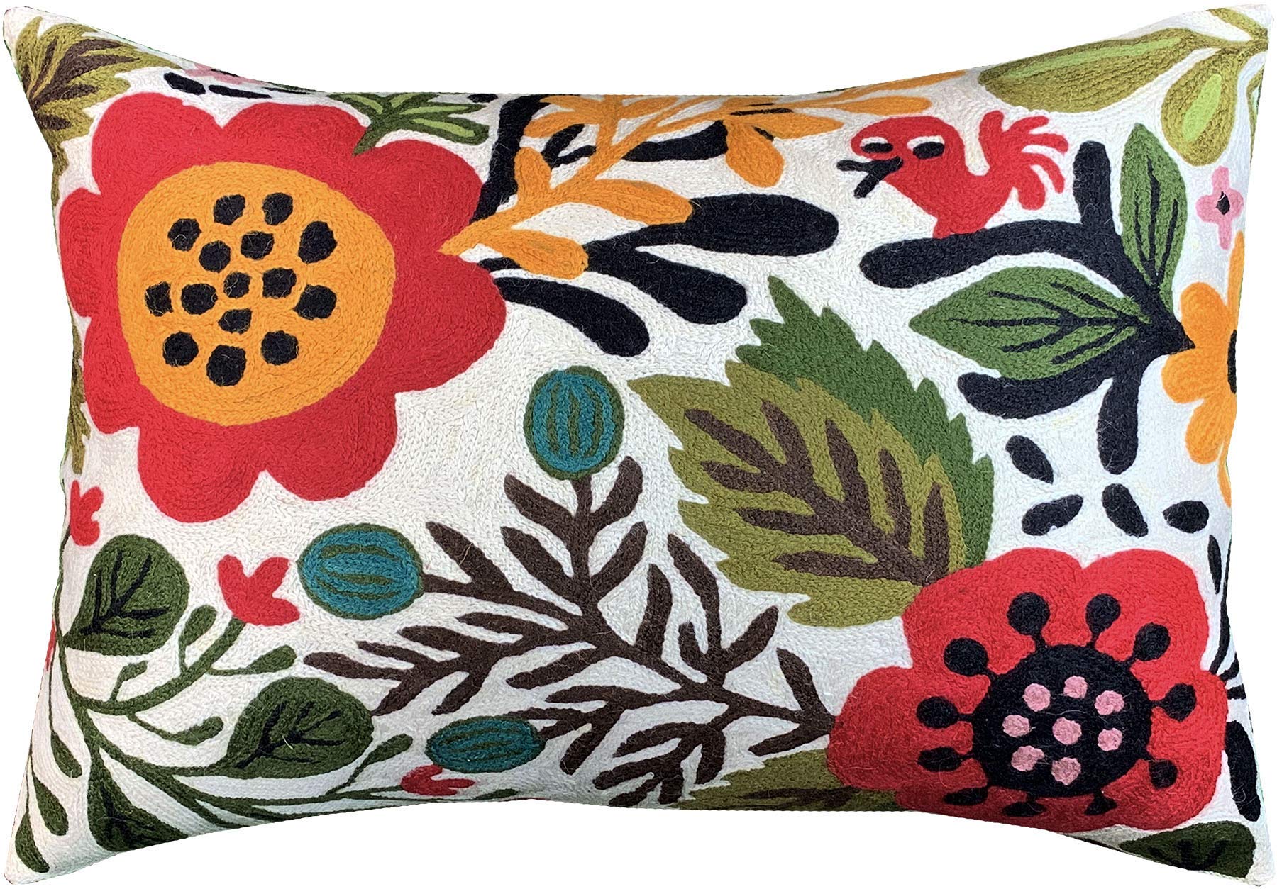 Lumbar Cream Floral Pillow Cover - Red Bird Flower Throw Pillows | Hand Embroidered Wool Cushions 14x20 | Boho Home Decor for Sofa, Bed & Outdoor Patio