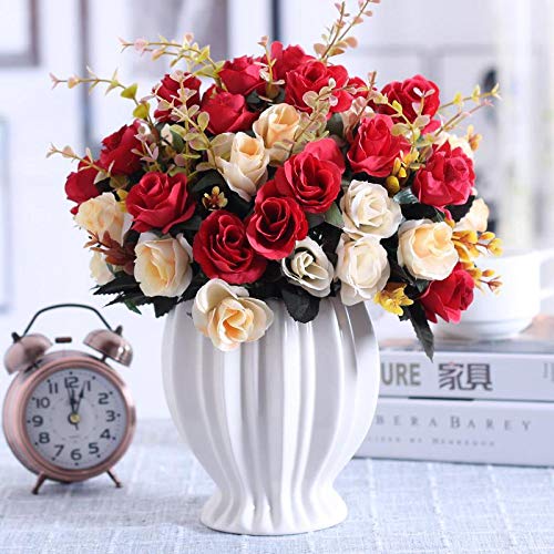 LY EMMET Artificial Rose Bouquets with Ceramic Vase - Fake Silk Rose Flowers for Home Decor, Wedding Centerpieces, Office Desk & Table Decorations - Red (12 Pack)