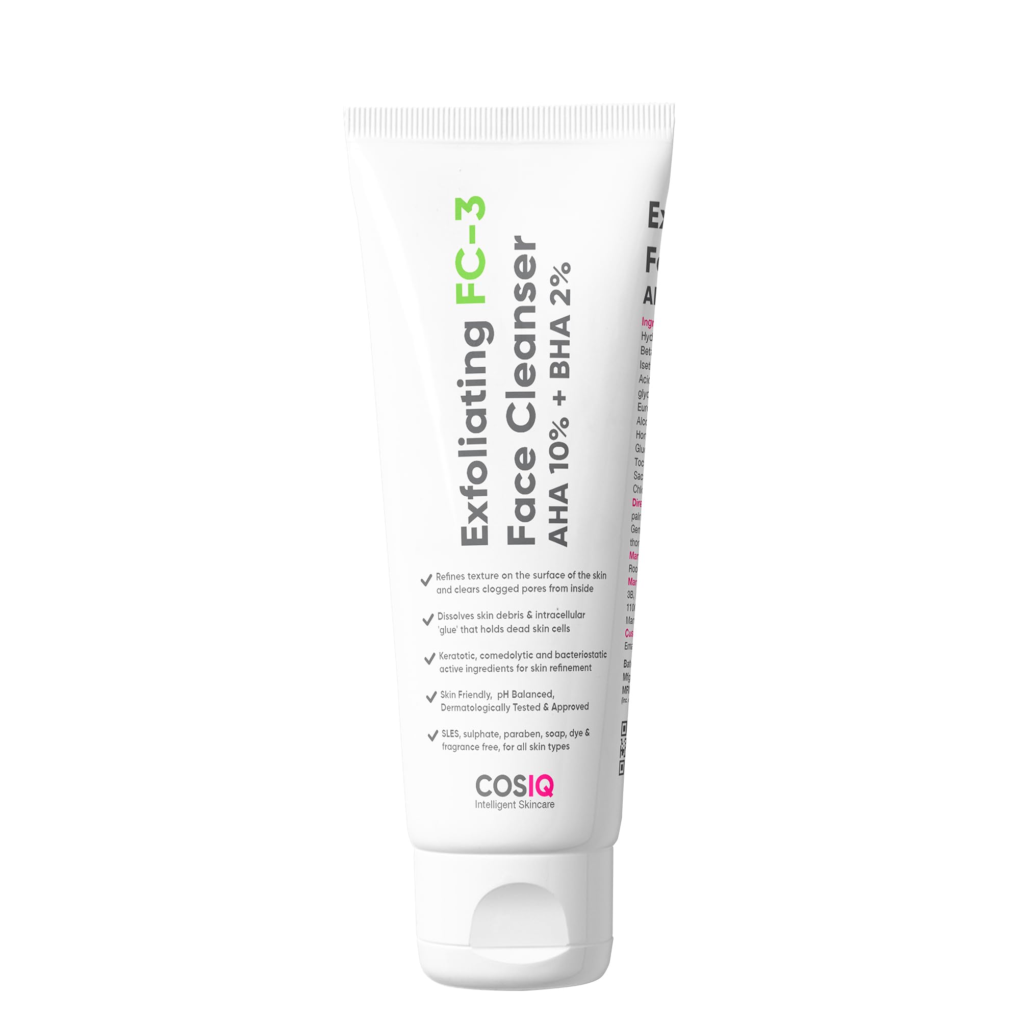 Cos-IQ Exfoliating Face Wash for Oily & Dry Skin | 2% Salicylic Acid BHA & 10% Glycolic Acid AHA | Sulfate-Free Anti-Acne Cleanser for Acne, Pimples, Skin Brightening & Oil Control | 100ml | Gentle Daily Exfoliation for Clear, Glowing Skin