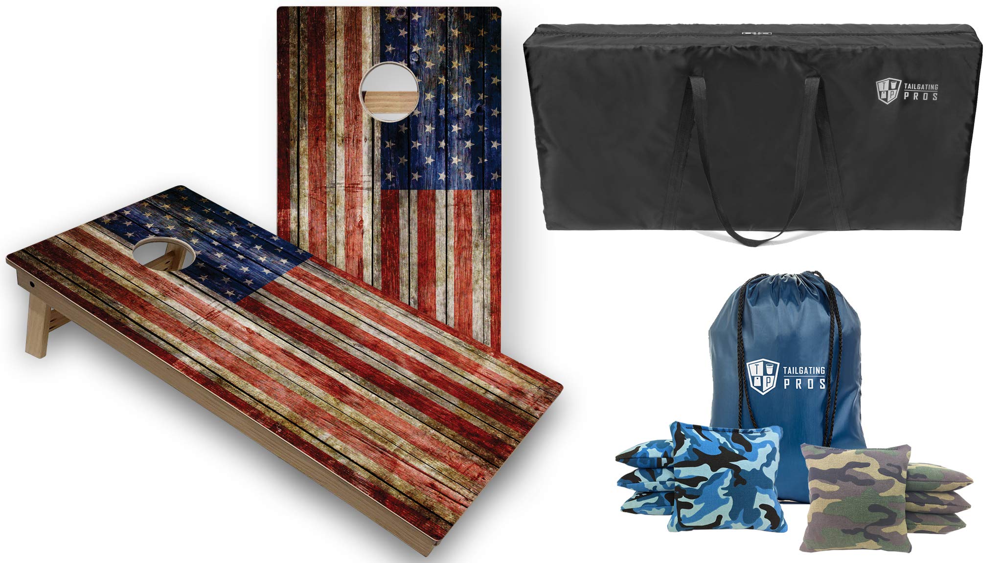 Tournament Grade Cornhole Game Set - 2 Professional 4'x2' Rustic Flag Cornhole Boards, 8 Bags & Carrying Case - LED Light Option | Perfect for Tailgating, Backyard Parties & Outdoor Events
