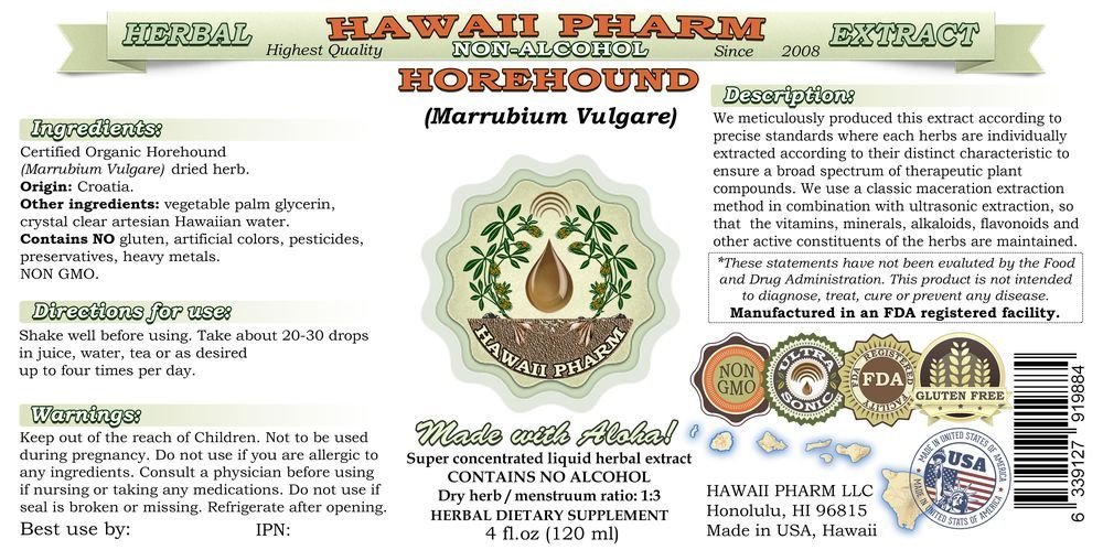Organic Horehound Alcohol-Free Liquid Extract (Marrubium vulgare) - 64 oz Herbal Glycerite by Hawaii Pharm - Natural Cough Relief & Respiratory Support - Perfect for Teas, Tinctures & Holistic Wellness