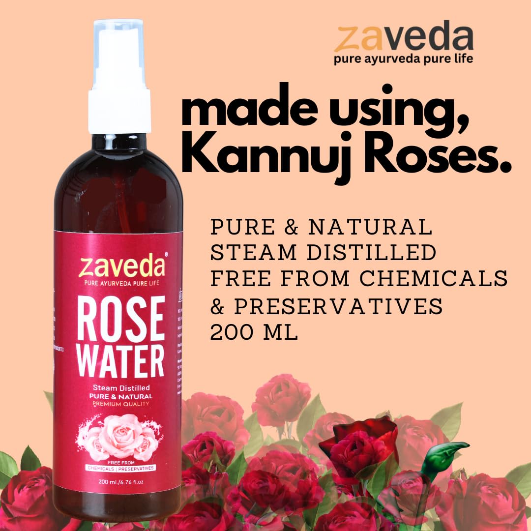 ZAVEDA Pure & Natural Rose Water Facial Mist 200ml | Organic Steam Distilled Rosewater Toner | Chemical-Free Gulab Jal for Hydrating & Refreshing Skin | Perfect for Daily Skincare, Makeup Setting & After Sun Care