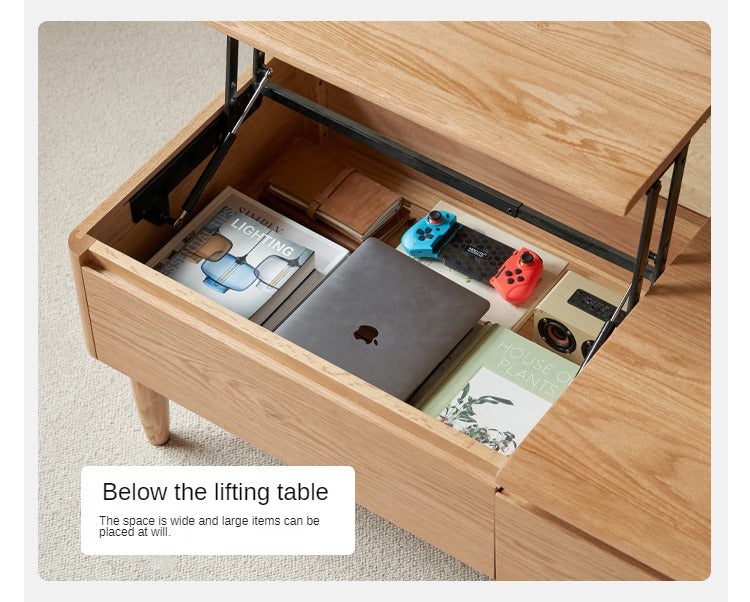 Solid Oak Wood Modern Lift-Top Coffee Table with Slate Surface - Perfect for Living Room, Home Office, and Small Spaces