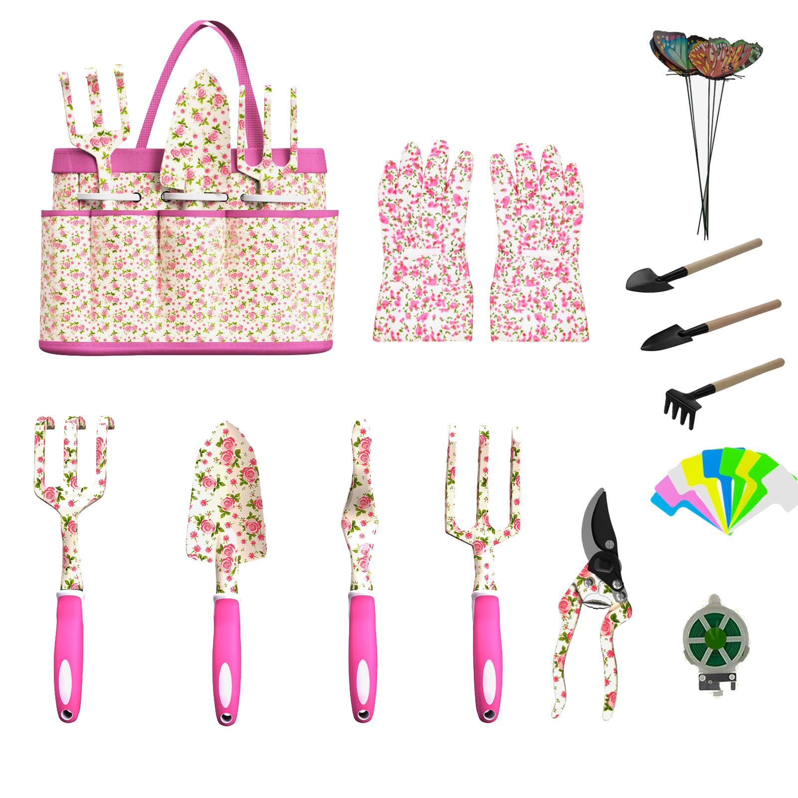 26-Piece Women's Gardening Tool Set with Storage Bag, Gloves, Butterfly Decorations & Colorful Plant Tags - Perfect Gift for Gardeners, Ideal for Planting, Weeding & Outdoor Gardening Activities