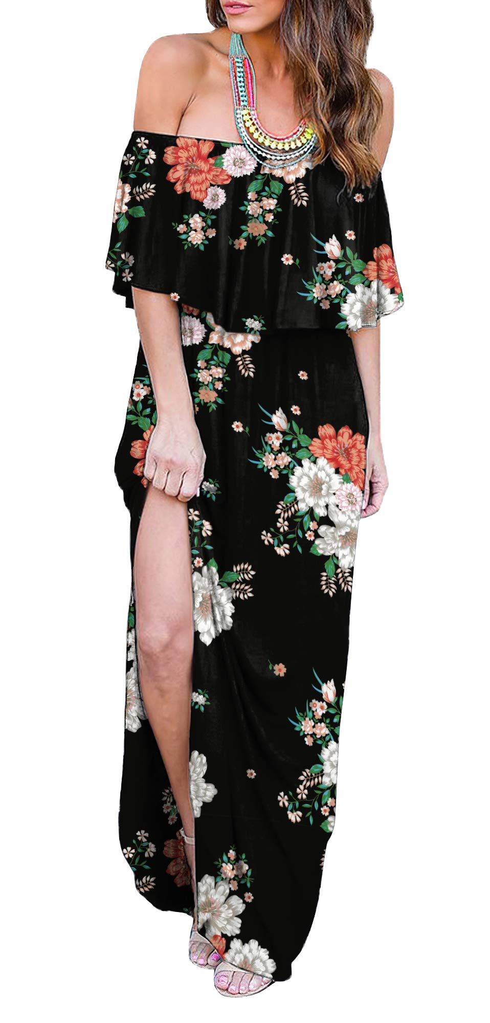 Women's Off-The-Shoulder Ruffle Party Dress with Side Slit - Elegant Beach Maxi Dress for Summer Weddings, Vacations & Night Out