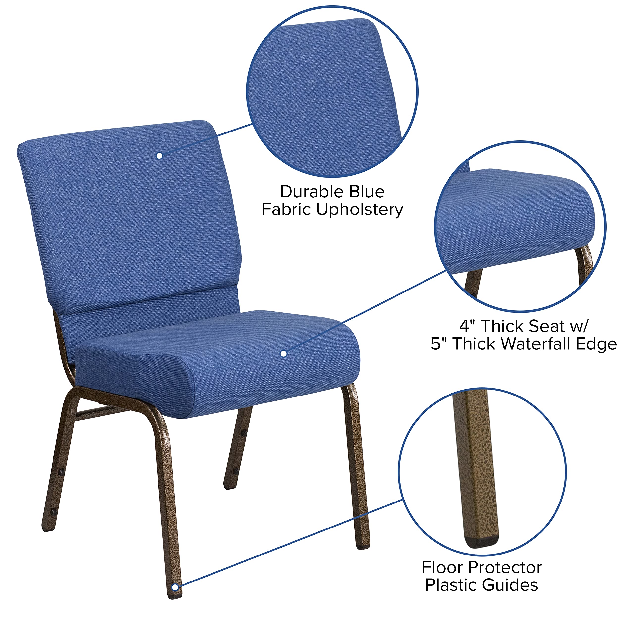 EMMA + OLIVER 21-Inch Stackable Church Chairs with Blue Fabric & Gold Vein Frame - Perfect for Weddings, Events, and Church Gatherings