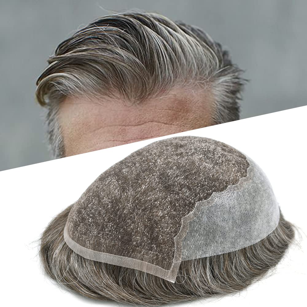 100% European Real Human Hair Swiss Lace Front Toupee for Men - Medium Brown with 50% Gray - 8x10 Inch - 100% Density - Bleached Knots - Natural Hair Replacement System for Thinning Hair & Baldness - Perfect for Daily Wear, Special Occasions & Confidence Boost