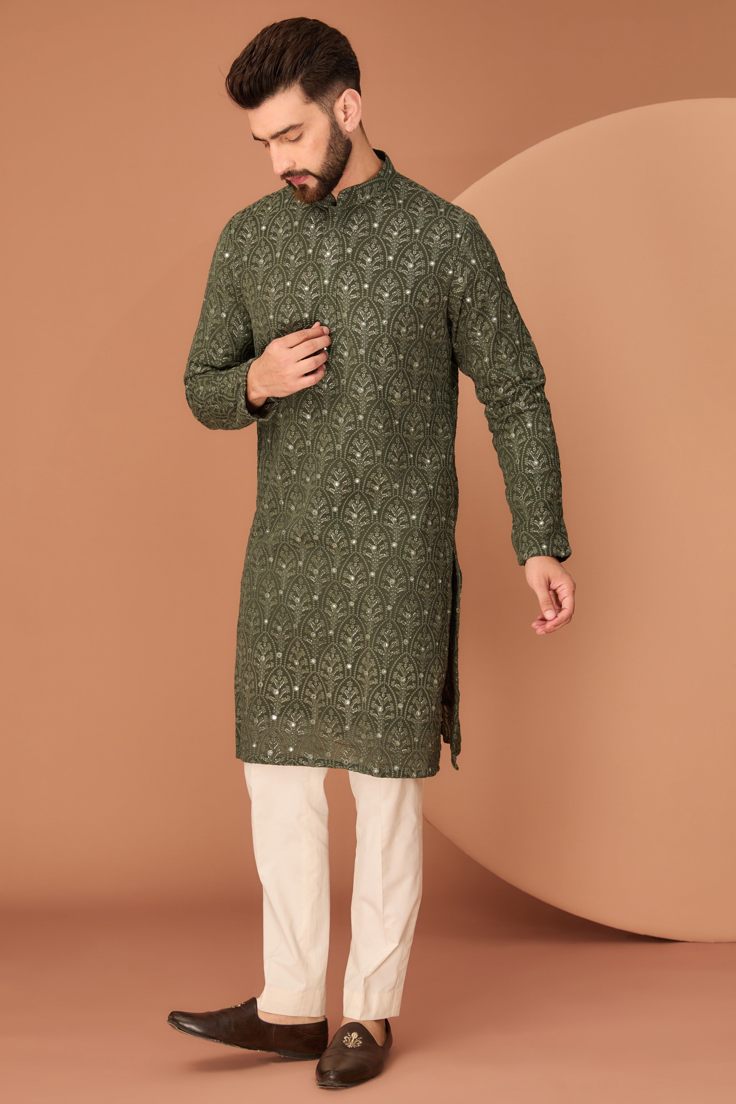 Stylish Military Green Chikankari Kurta for Women - Traditional Indian Embroidered Tunic - Perfect for Festivals, Weddings & Casual Wear