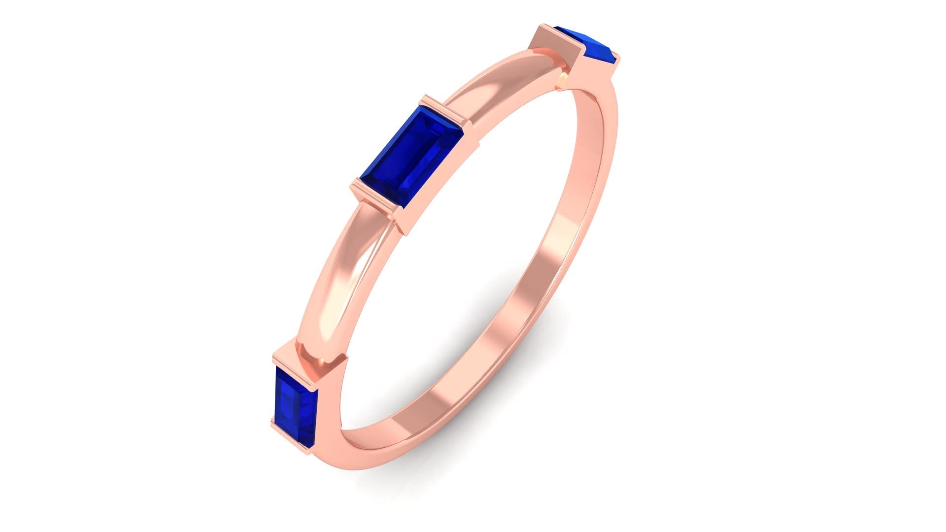 14K Solid Gold Created Blue Sapphire Ring for Women - Baguette Cut Semi Eternity Band, Elegant Wedding & Engagement Jewelry Gift for Her