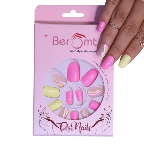 Beromt 12 Pcs False Nails Kit - Printed Artificial Nails with Nail Glue & Stickers, Cute Multicolor Nail Art Designs for Women | Perfect for Parties, Weddings, and Everyday Wear - BFN789CN