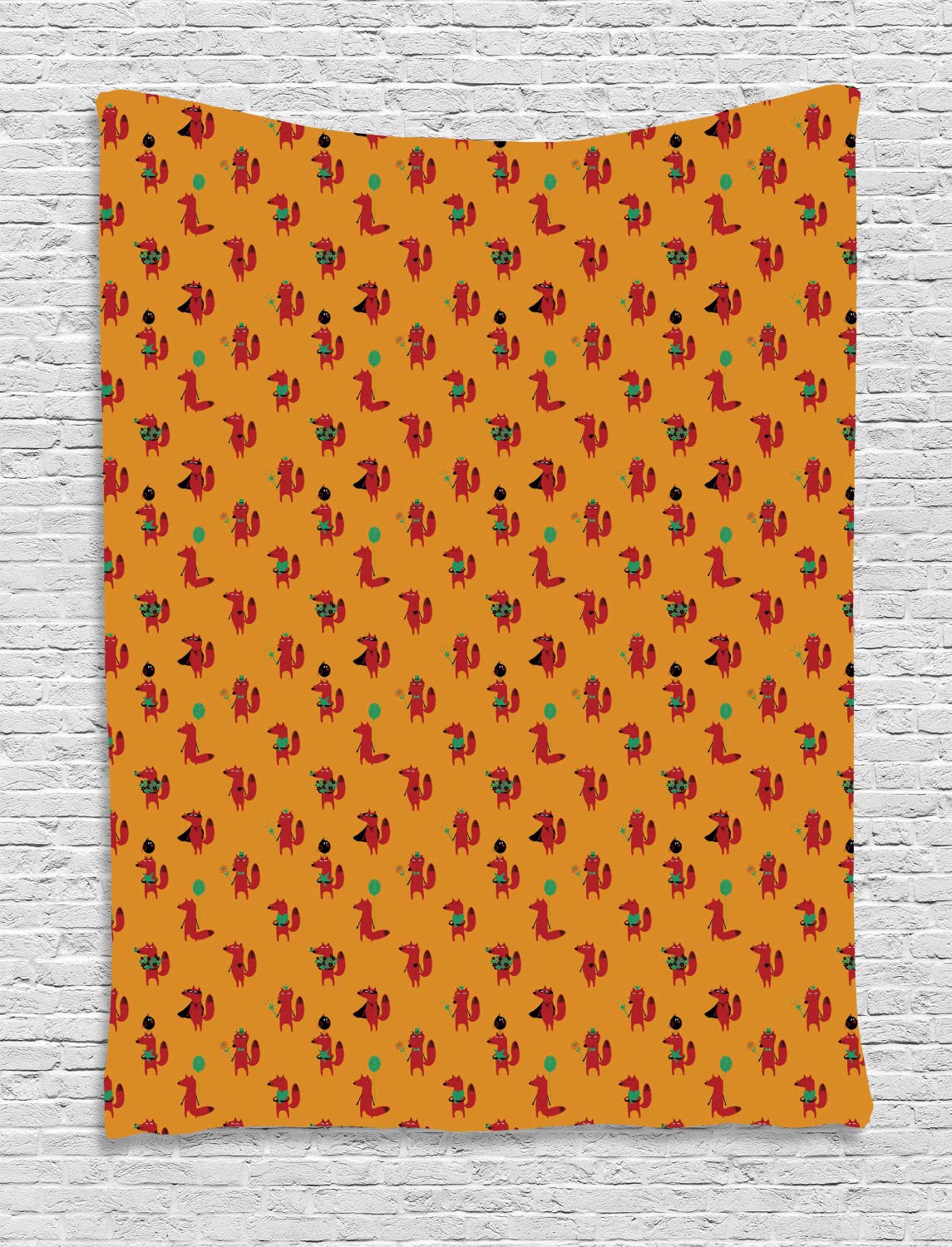 Ambesonne Fox Tapestry Wall Art - Whimsical Doodle Animal Design with Playful Items - 40x60 Inch Orange Multicolor Wall Hanging for Bedroom, Living Room, Dorm Decor - Perfect for Boho, Nursery & Teen Room Aesthetic