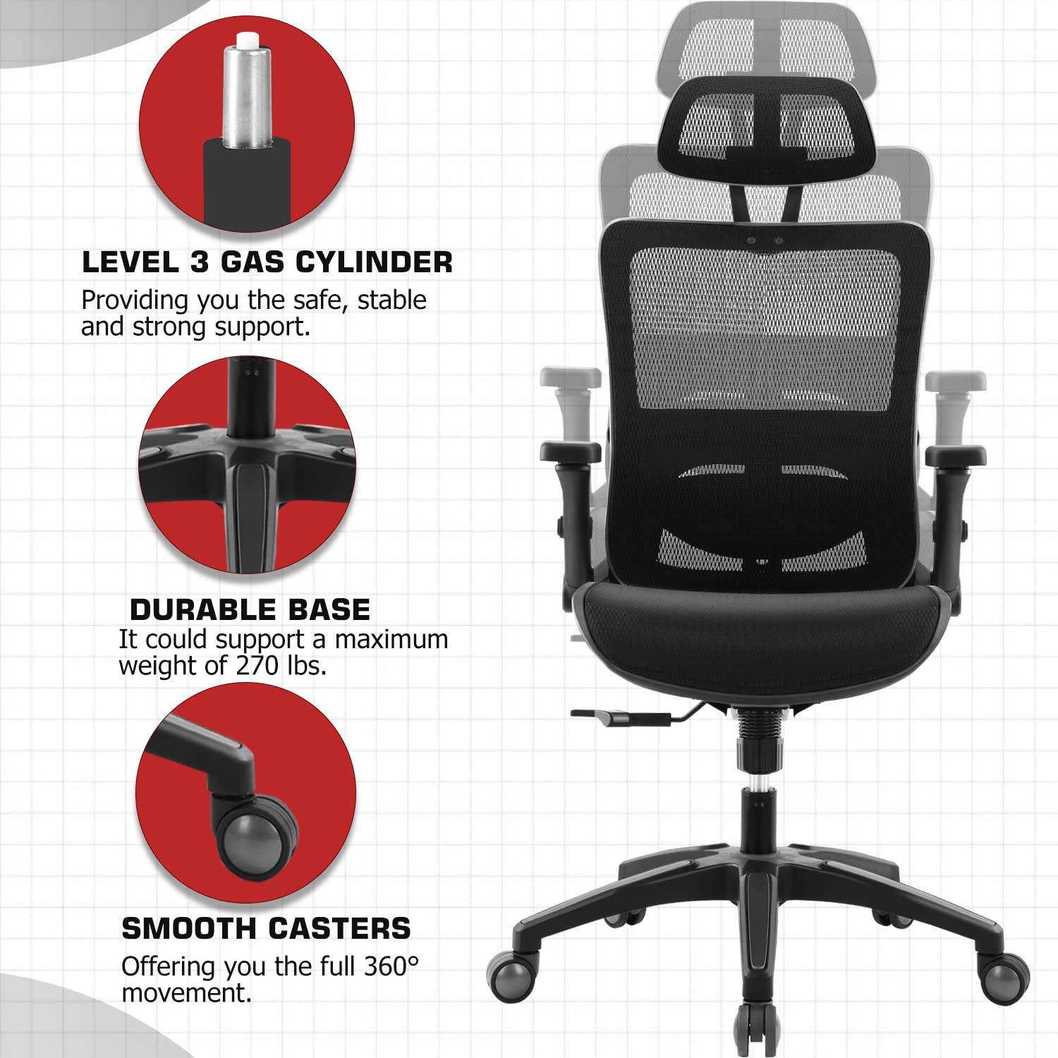 Ergonomic Mesh Office Chair with High Back, 3D Adjustable Armrests, Lumbar Support & Headrest - Black - Perfect for Home Office, Gaming & Computer Workstations