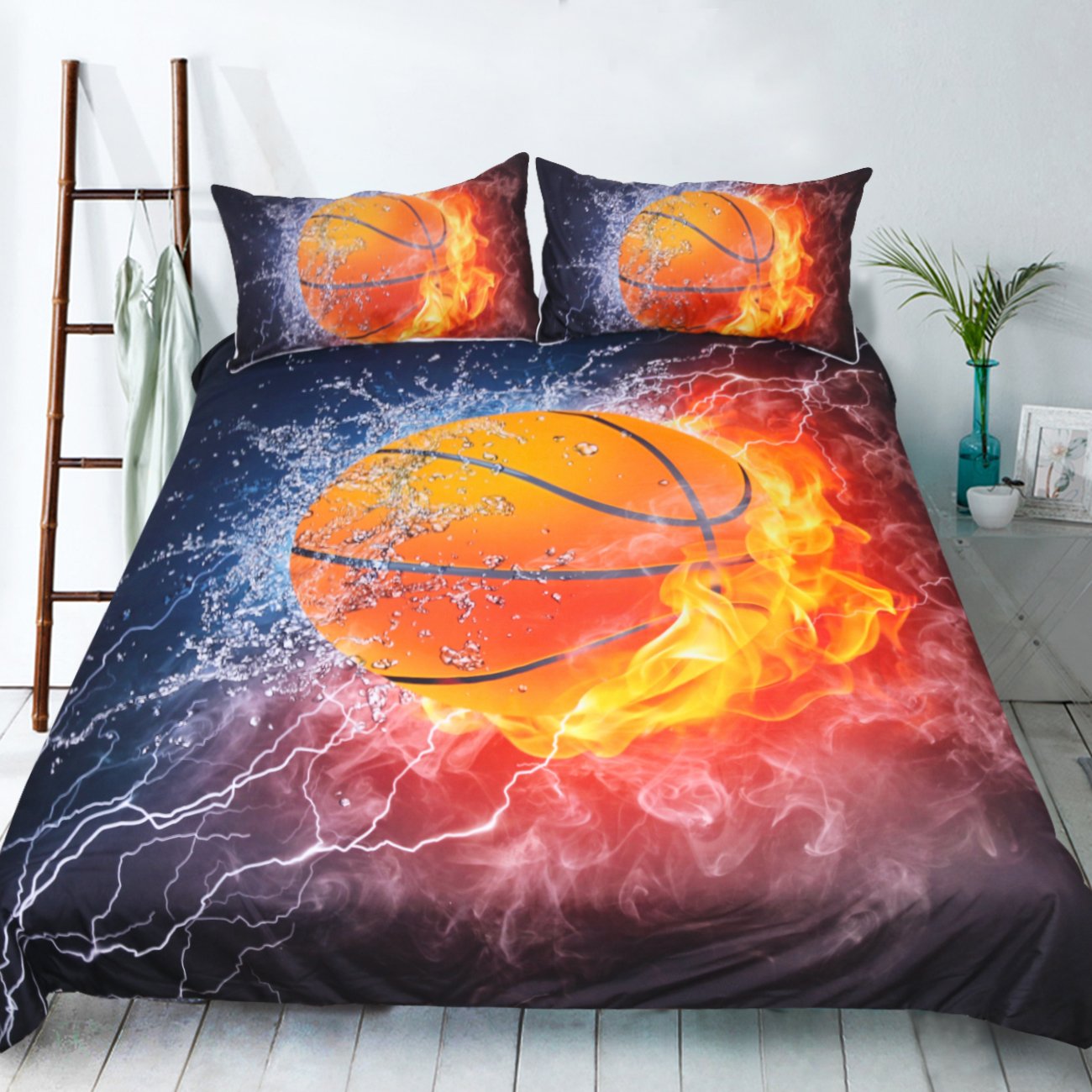 3D Basketball Printed Duvet Cover Set - Soft & Comfortable 100% Polyester Bedding (Queen Size, 3-Piece) - Perfect for Kids' Rooms, Sports Themed Bedrooms & Basketball Fans