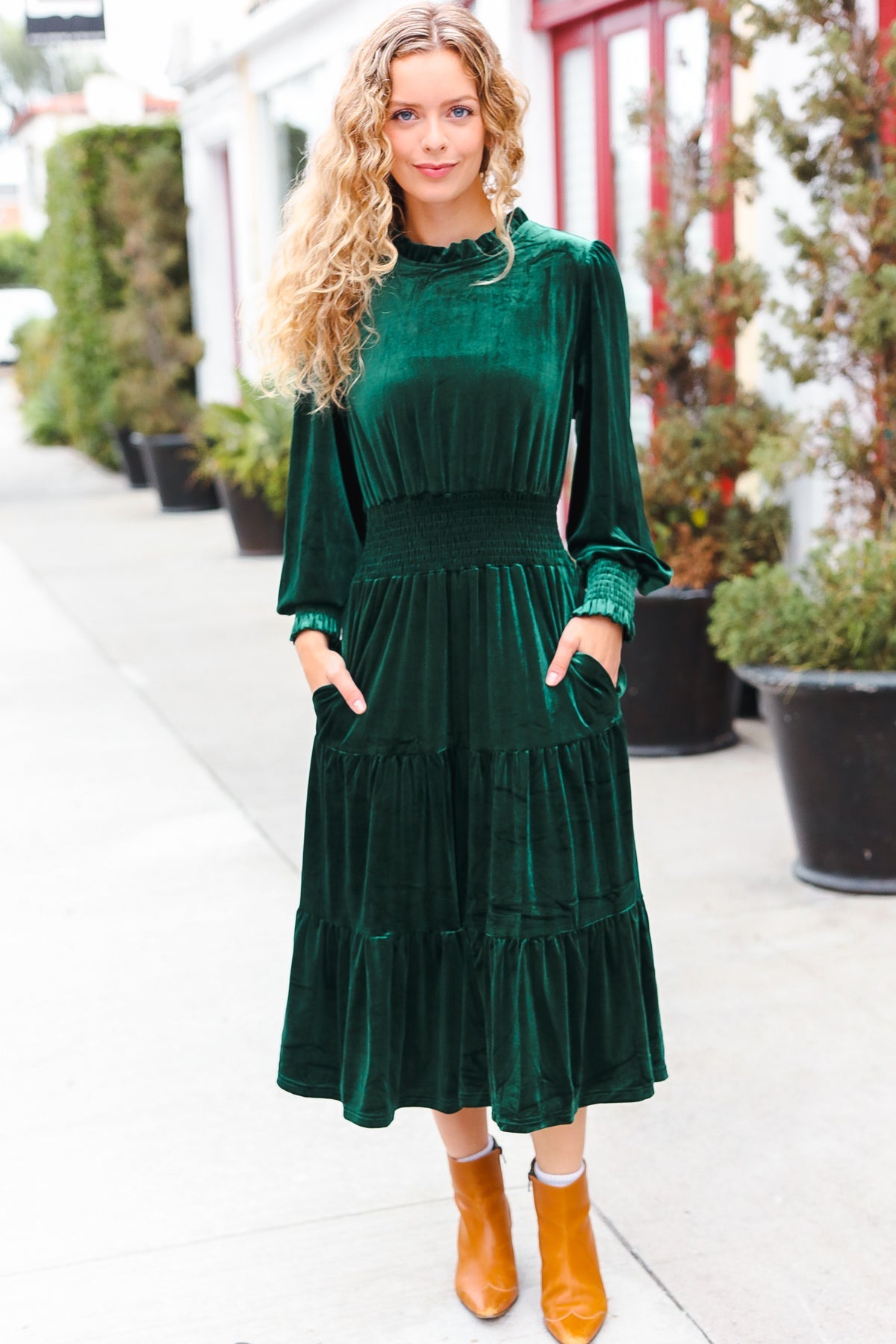 Holiday Dreaming Hunter Green Velvet Mock Neck Smocked Waist Dress for Women - Elegant Holiday Party & Christmas Dinner Outfit