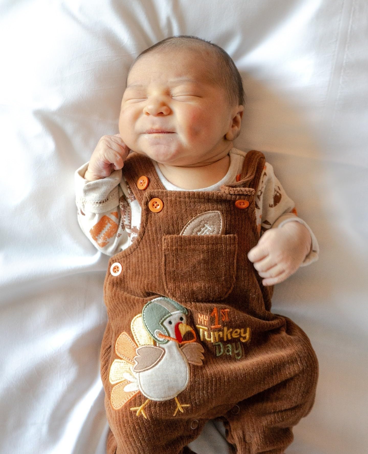 YOKJZJD Newborn Baby Thanksgiving Outfit - Turkey Print Corduroy Bib Overalls Jumpsuit for Boys & Girls | Fall & Holiday Season Baby Clothes for Family Gatherings & Photo Shoots