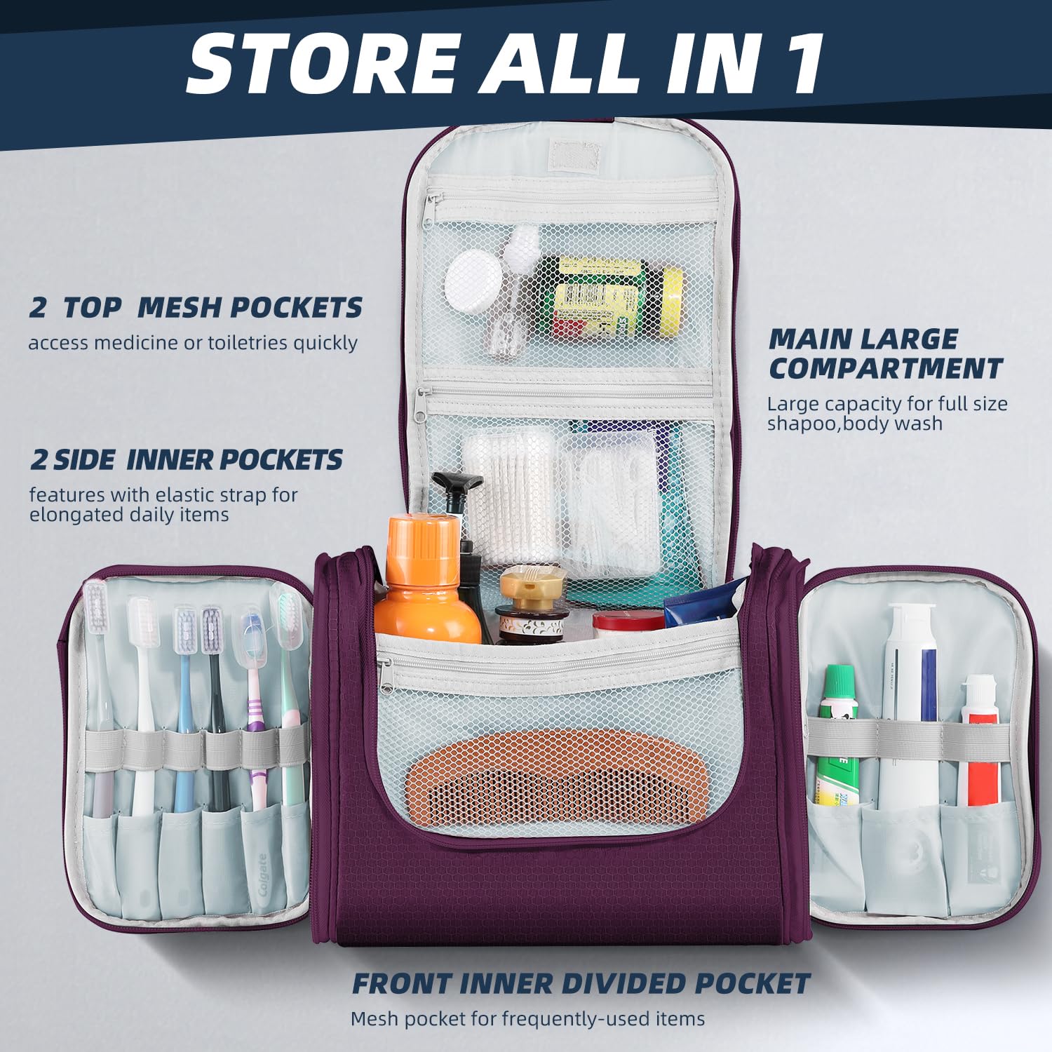 Premium Large Capacity Hanging Toiletry Bag for Women & Men - Waterproof Travel Cosmetic Organizer with Multiple Pockets for Makeup, Shaving Essentials & Full-Sized Toiletries (Purple) | Ideal for Vacation, Business Trips & Gym Use