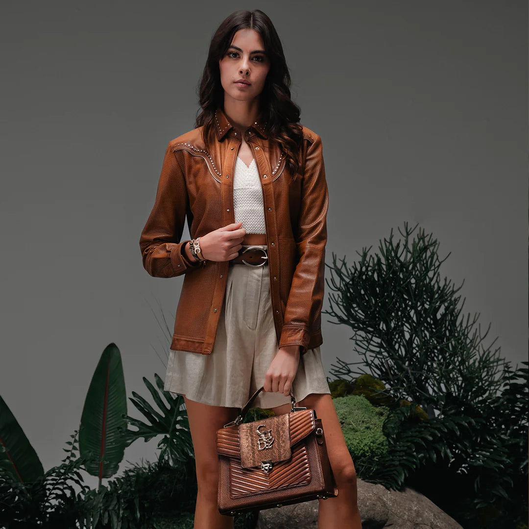 BOD0WCR Western Style Women's Handbag with Snakeskin Handles - Casual Honey Brown Crossbody Bag for Everyday Use, Work, and Travel