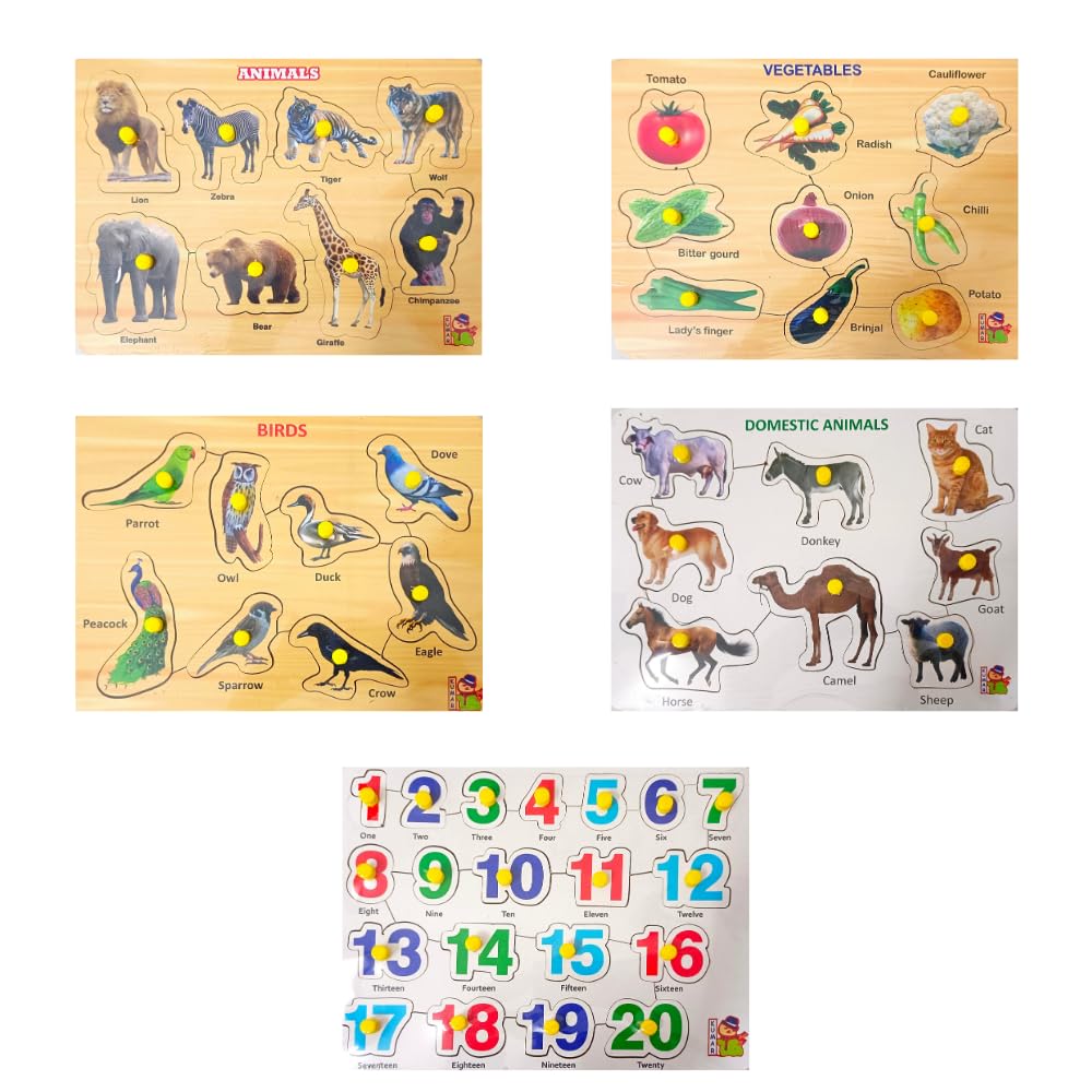 Combo of 5 Wooden Learning Boards: Wild Animals, Vegetables, Numbers 1-20, Domestic Animals, Birds - Educational Wooden Puzzles for Kids 3+ & Adults, Perfect for Home Learning & Classroom Activities