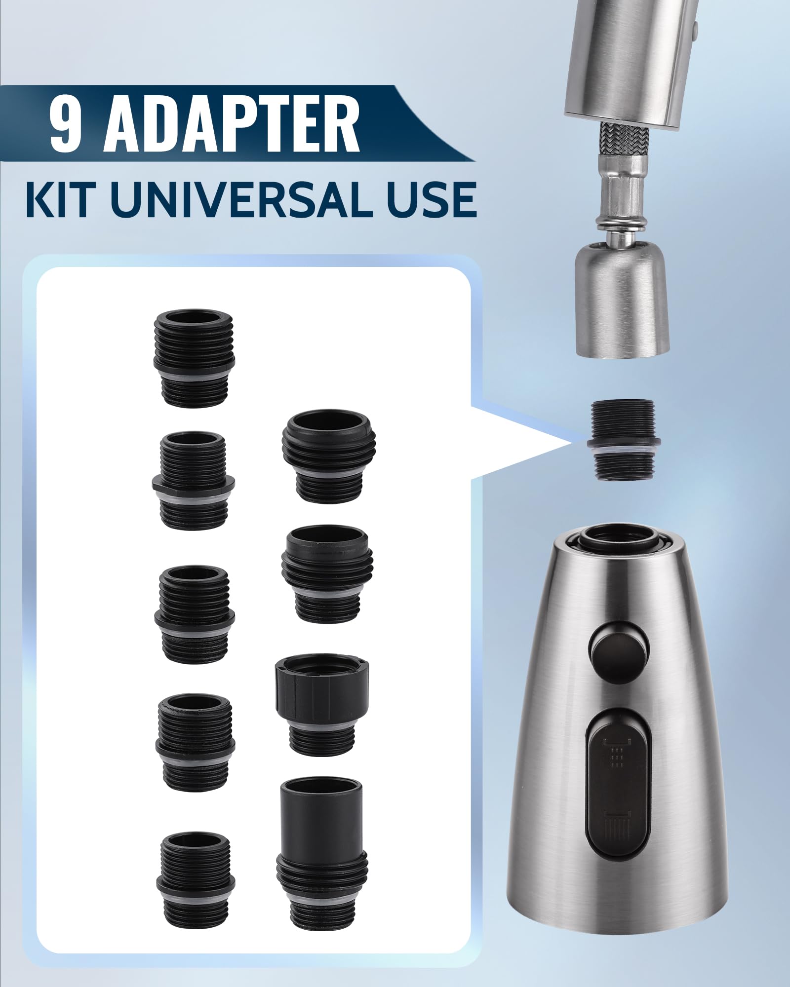 Stainless Steel Kitchen Faucet Head Replacement - 3 Mode Pull Out Spray Nozzle with 9 Adapters, Compatible with Moen Kohler Delta G1/2 Faucets (Brushed Nickel) - Perfect for Kitchen Sink Upgrades & Dishwashing
