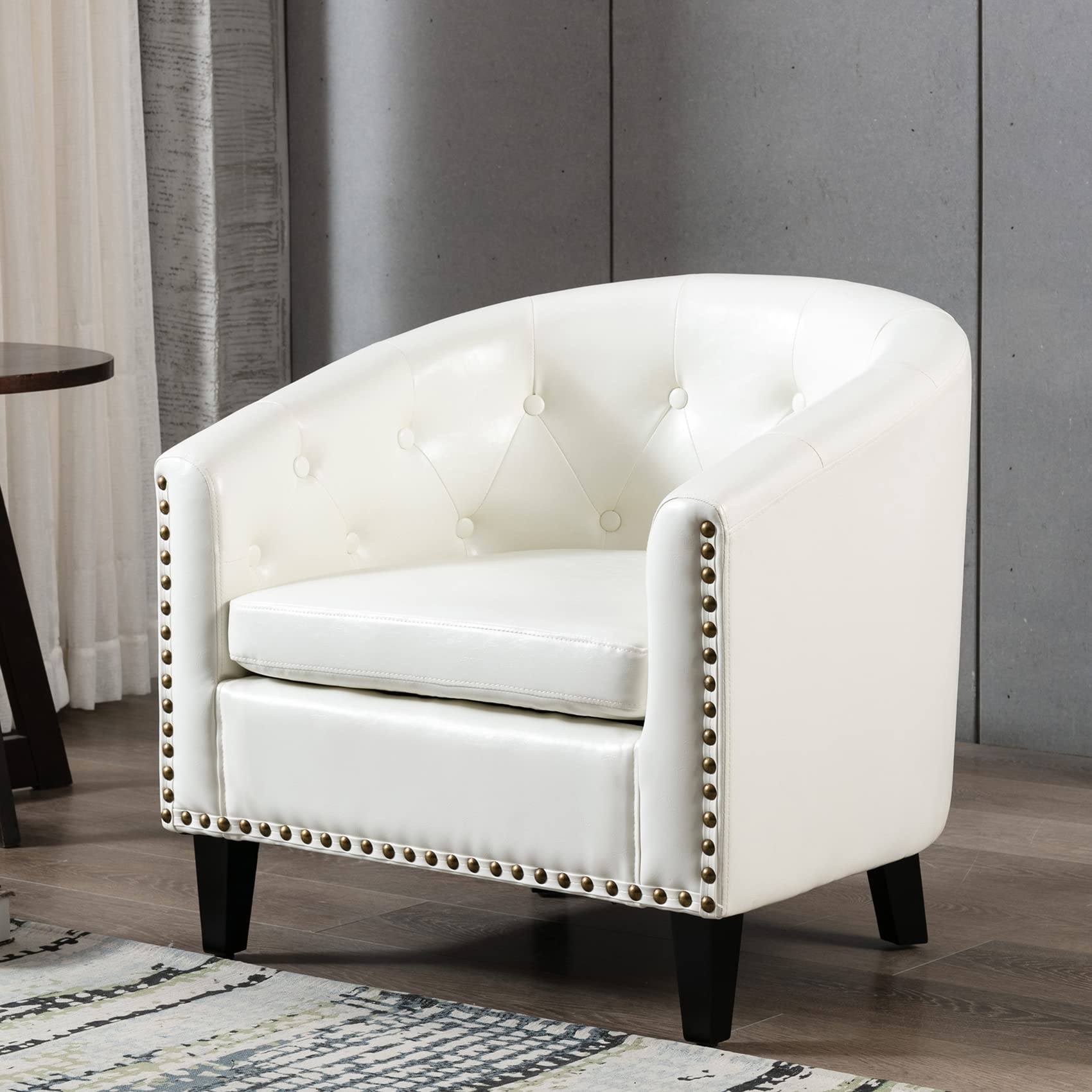 Lokee White Faux Leather Barrel Accent Chair with Arms - Upholstered Club Chair for Living Room, Bedroom, Office - Comfortable Bucket Tub Chair for Relaxing & Reading (Bang-N701-White-Leather)