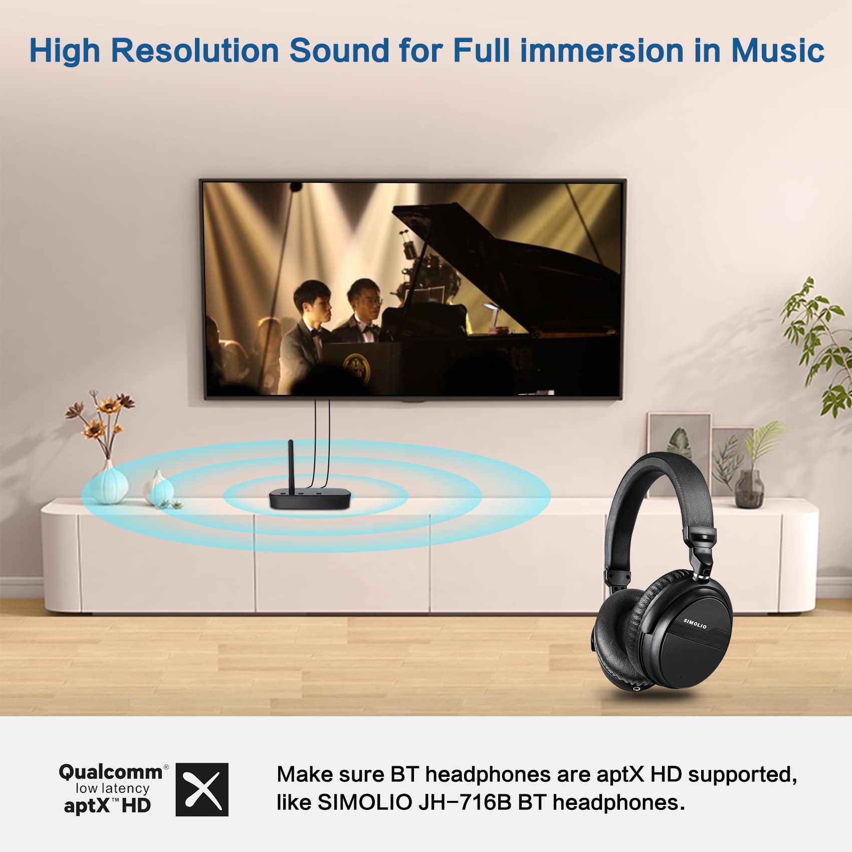 SIMOLIO JH201D aptX Low Latency Bluetooth Transmitter for TV - Wireless Audio Adapter for 2 Headphones/Speakers, 197ft Range, Optical & 3.5mm - Perfect for Home Theater & Gaming