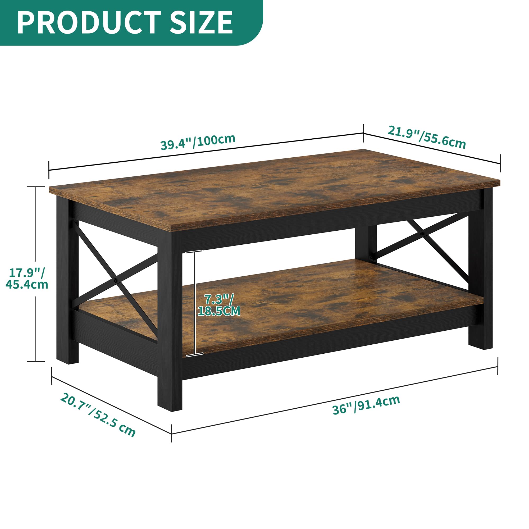 Modern Farmhouse Coffee Table with Storage - 2-Tier Wooden Living Room Center Table, Rustic Brown Accent Cocktail Table with Sturdy Frame | Perfect for Small Spaces, Farmhouse Decor & Cozy Living Rooms