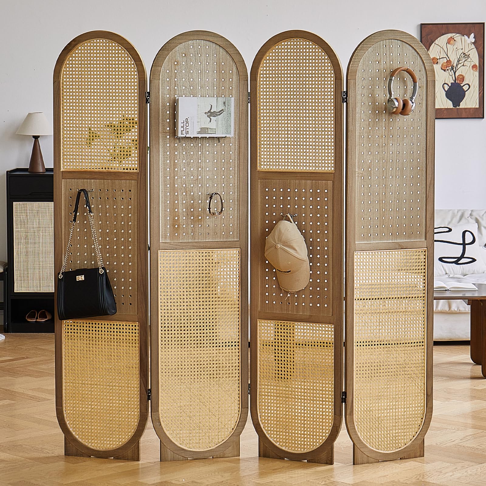 Rattan Room Divider Panel - 4-Panel Folding Privacy Screen with 16 Hooks | Pegboard Display for Jewelry Store, Bazaar & Bedroom | Wooden Partition Wall for Home, Office & Retail Spaces (Brown)
