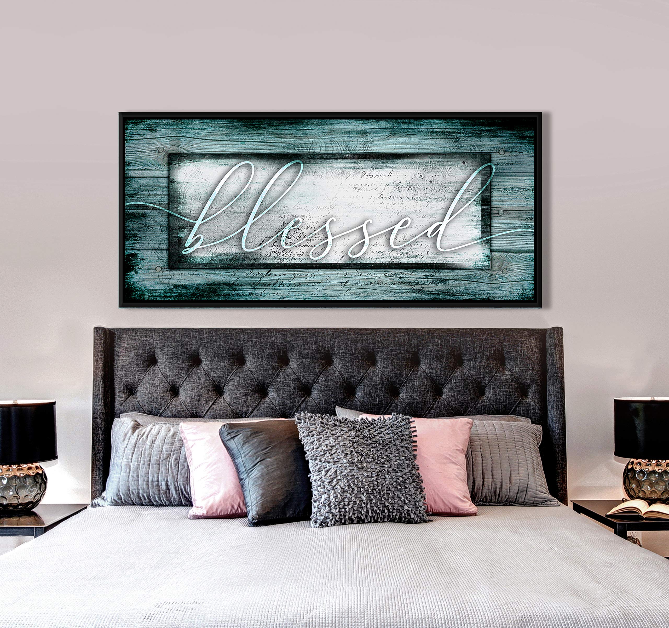 Blessed Sign Religious Wall Decor - Christian Framed Canvas Art with Floating Frame (42x19, Teal & Black) - Perfect for Living Room, Bedroom & Church Décor