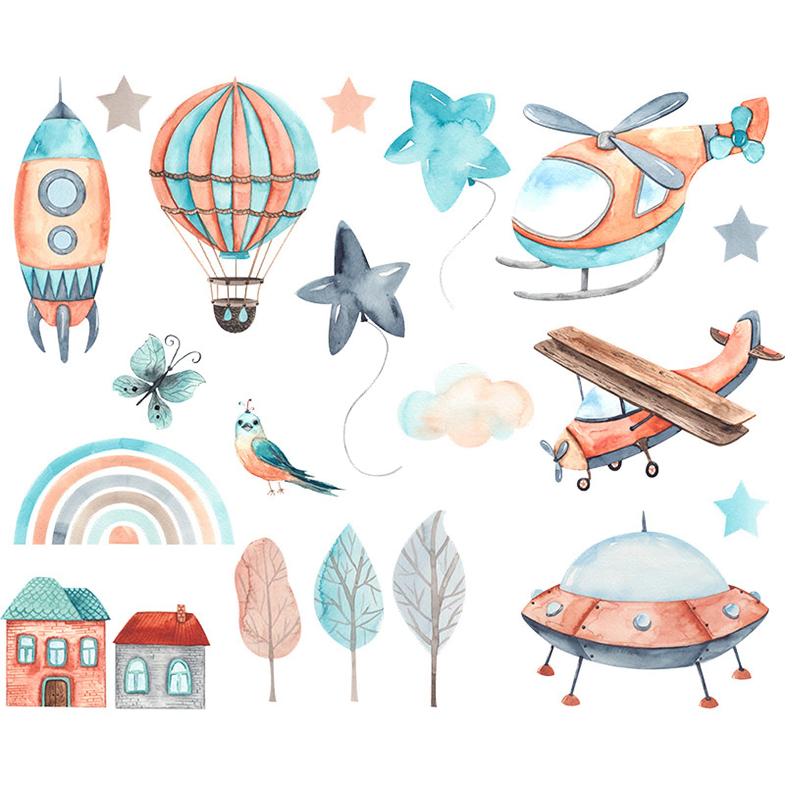 Charella #WCWIUU Airplane & Hot Air Balloon Spaceship Wall Decals - Kids Room Decor, Nursery Stickers for Boys & Girls - Perfect for Bedroom, Playroom & Classroom Wall Art