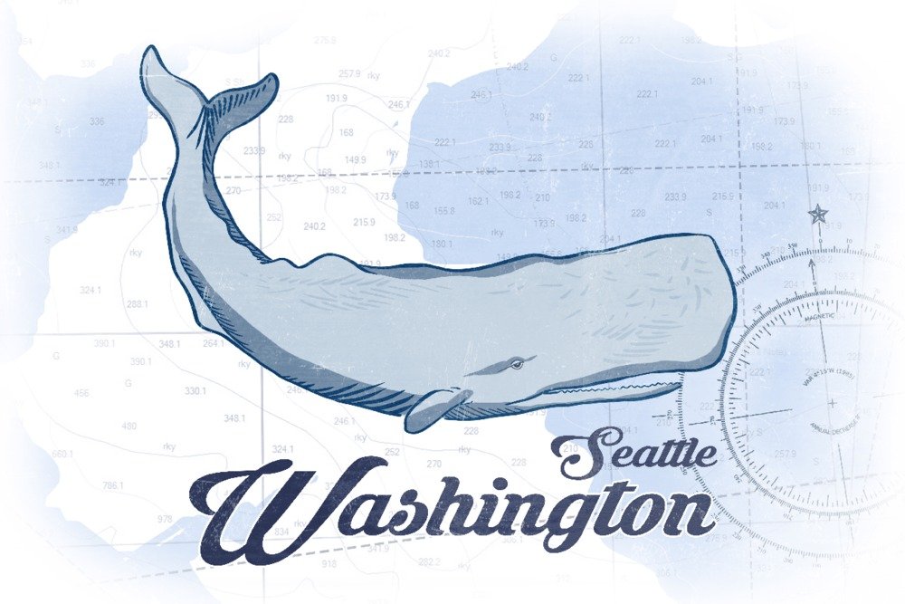 Blue Whale Coastal Wall Art Poster - Seattle Washington Inspired 12x18 Room Decor for Living Room, Bedroom & Office