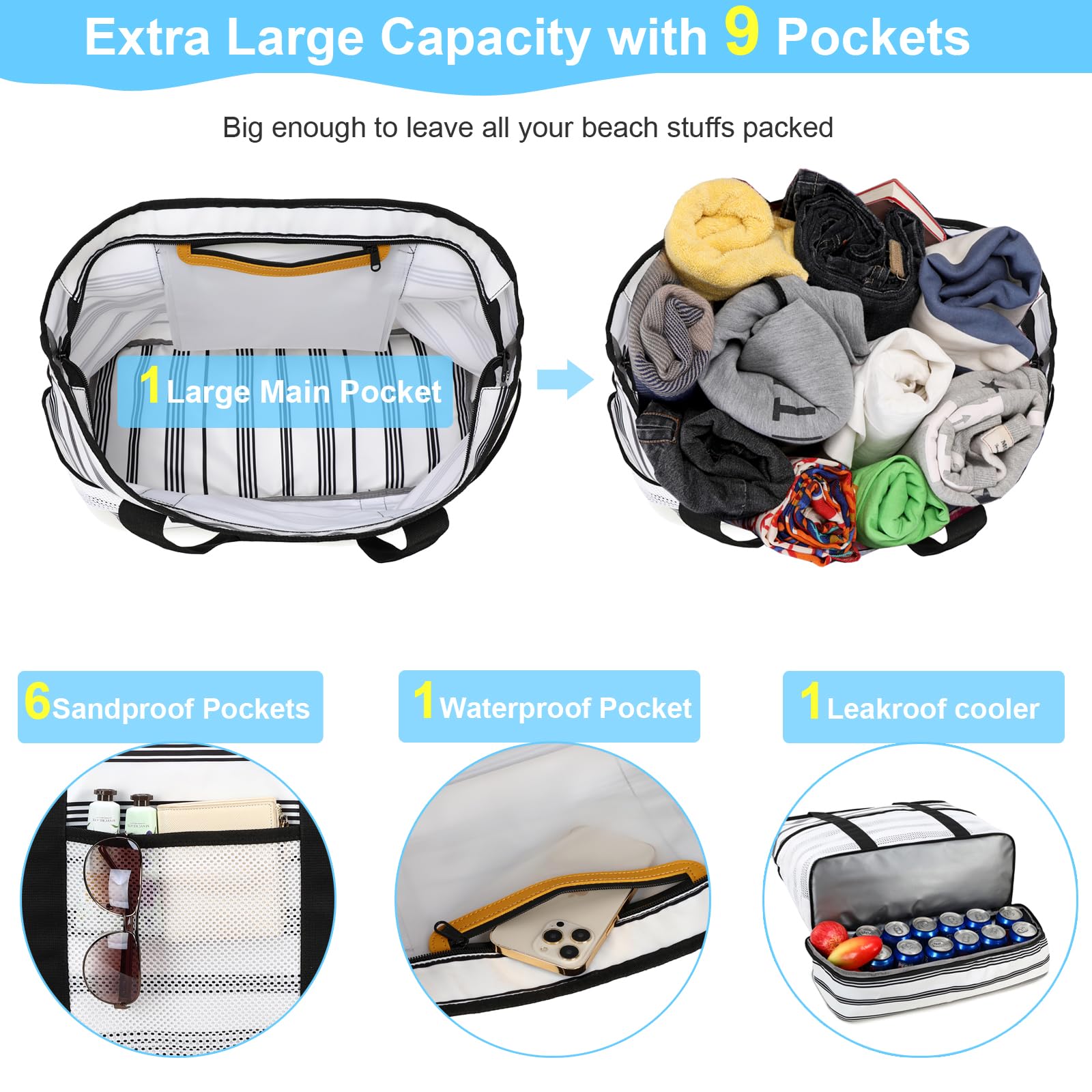 Octsky Waterproof Beach Tote Bag with Cooler & 9 Pockets - Sandproof for Women | Pool & Travel