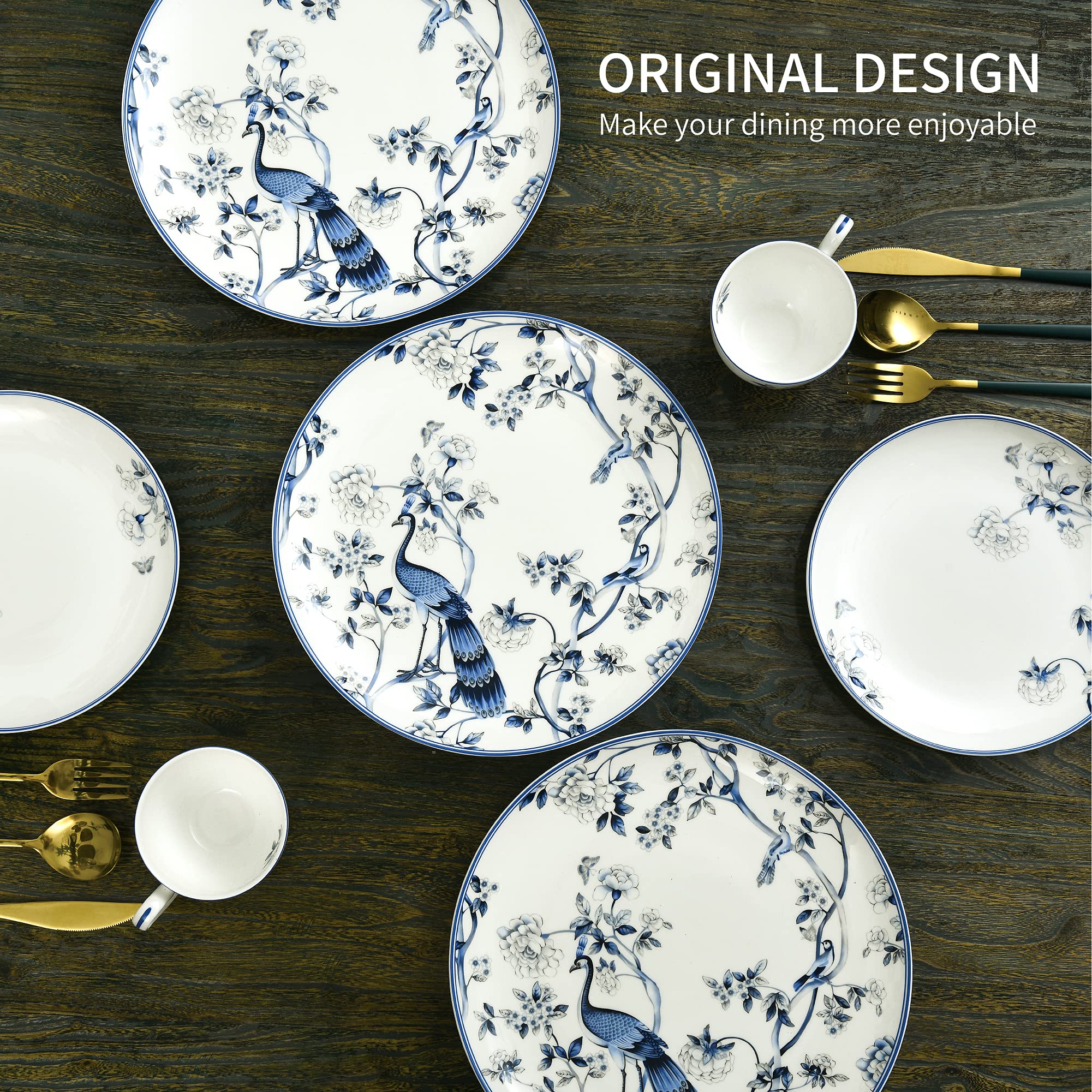 16-Piece Premium Bone China Dinnerware Set for 4 - Blue and White Porcelain Plates, Bowls & Coffee Cups - Elegant Tableware for Dining, Entertaining & Daily Use - Jingdezhen Porcelain Collection