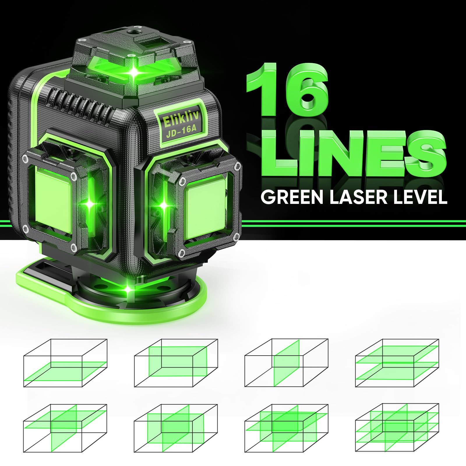 Elikliv 4D 360° Self-Leveling Green Laser Level with Tripod - 165Ft Range, 4x360° Cross Line Laser for Construction, Picture Hanging, Tile Flooring & Home Renovation | Perfect for DIY Projects, Wall Alignment, and Professional Building Work