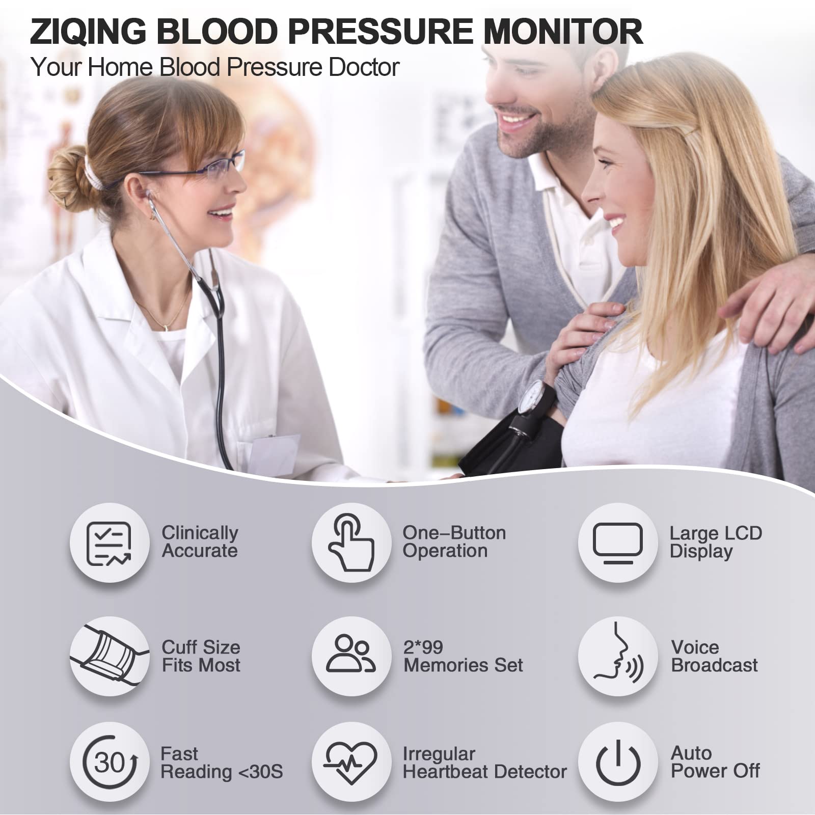 Digital Blood Pressure Monitor for Upper Arm - Large Cuff (8.7''-17.3'') with Big LCD Screen, 2 User Mode & 198 Memory Storage, White - Ideal for Home Health Monitoring & Senior Care