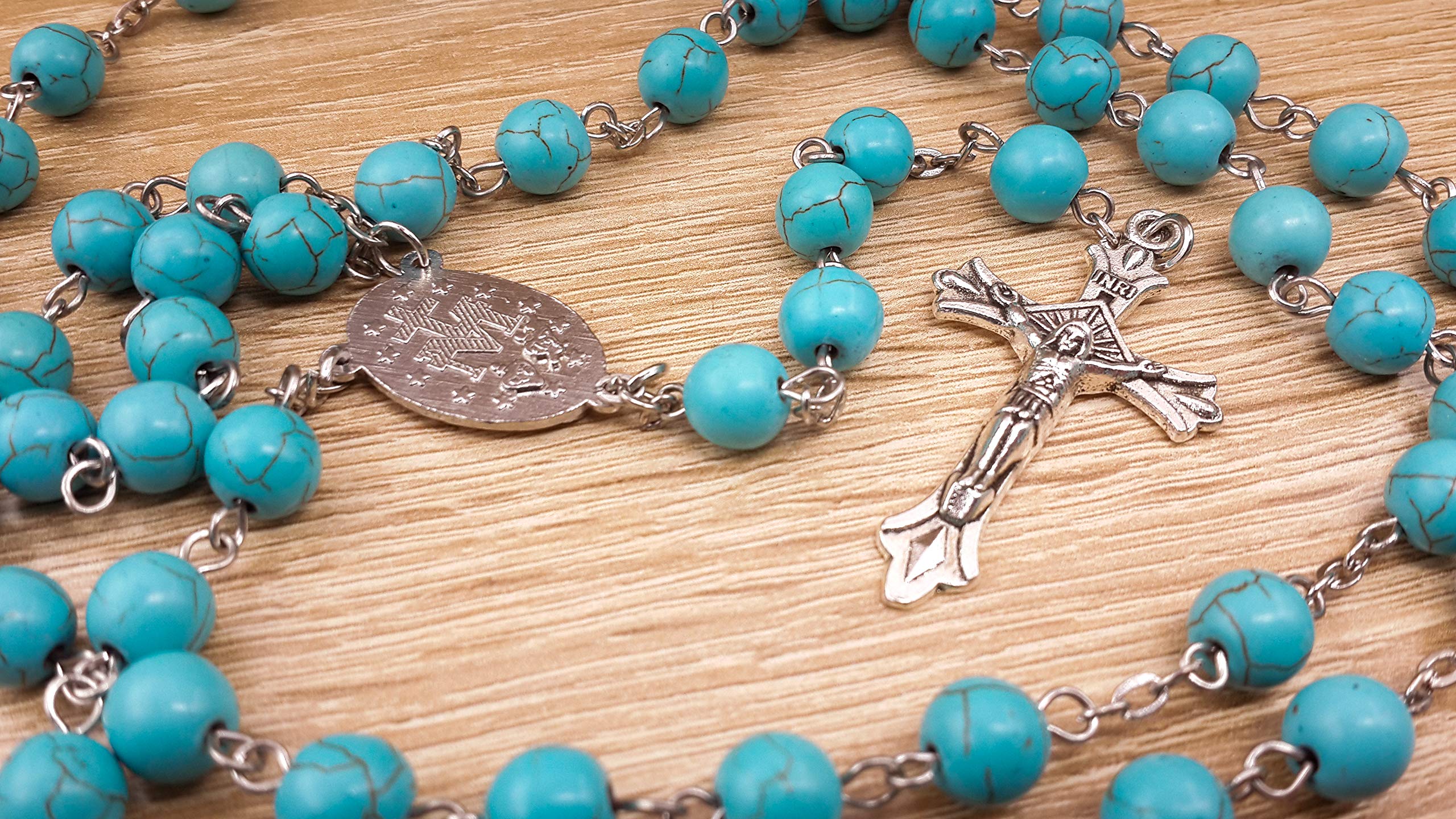 Sky Blue Turquoise Stone Beads Rosary Prayer Necklace with Miraculous Medal & Jesus Cross - Catholic Religious Jewelry for Prayer, Meditation and Spiritual Gifts