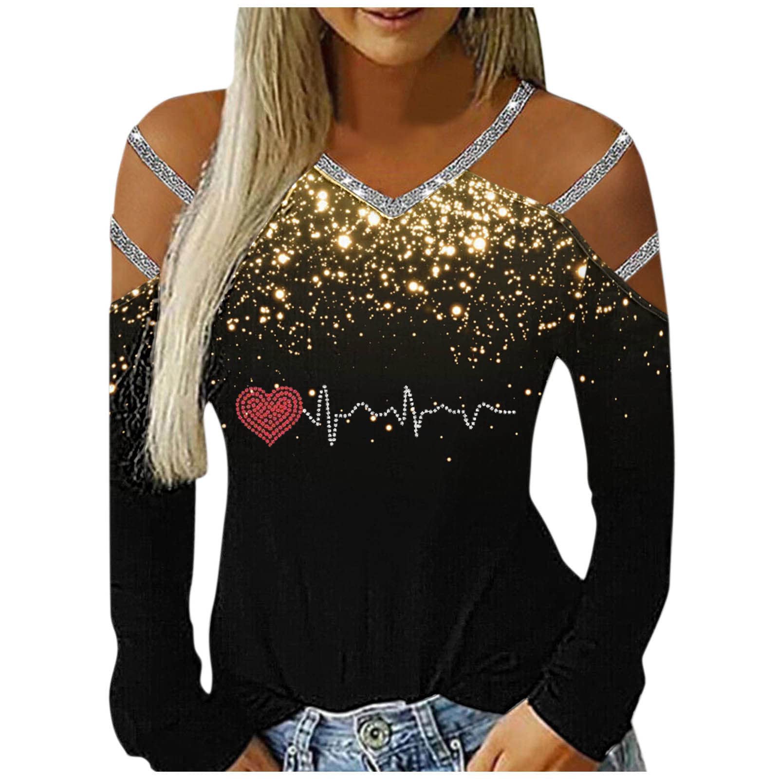 Women's Casual Rhinestone Hollow Out Long Sleeve V-Neck Off Shoulder T-Shirt - Stylish Plain Tee for Party, Date Night & Everyday Wear