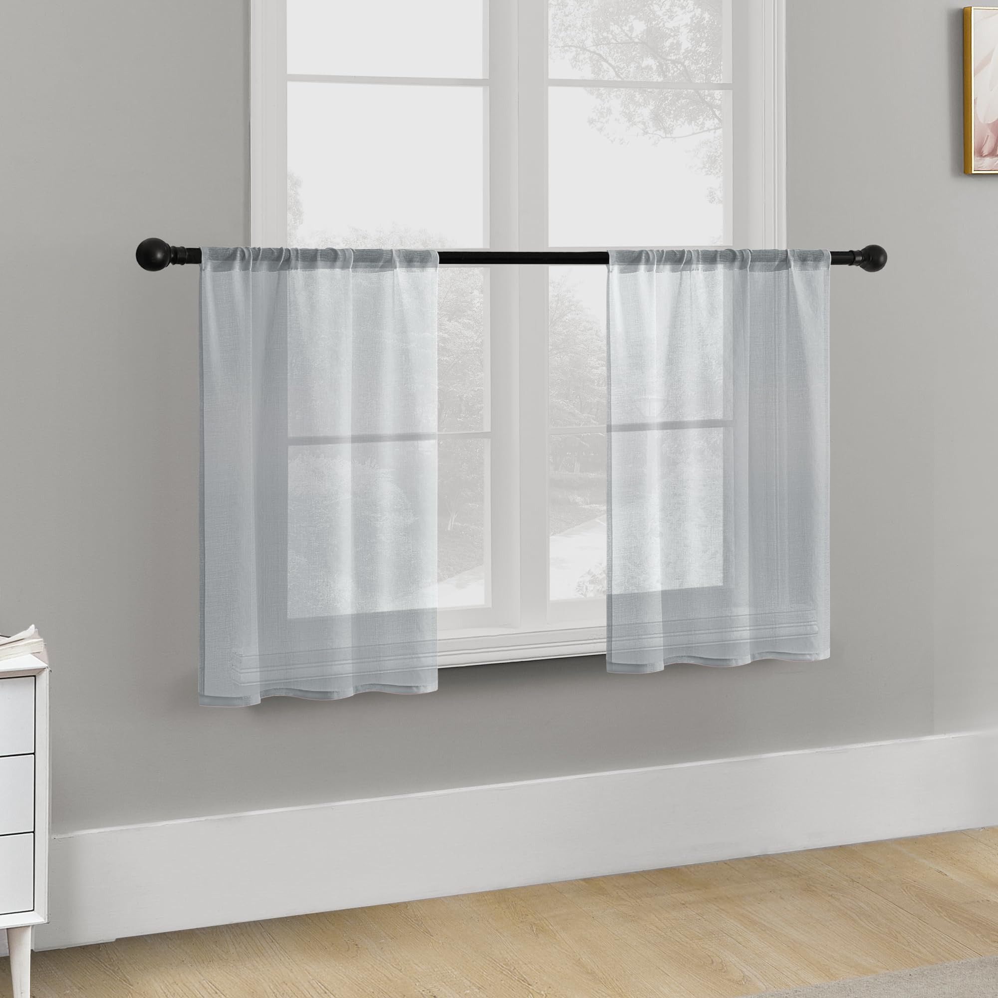 MRTREES Sheer Tier Curtains - Light Gray 30 Inch Length, Voile Sheer Kitchen & Bathroom Window Panels (Set of 2) - Light Filtering, Rod Pocket Cafe Curtains for Kitchen, Bathroom & Living Room Windows