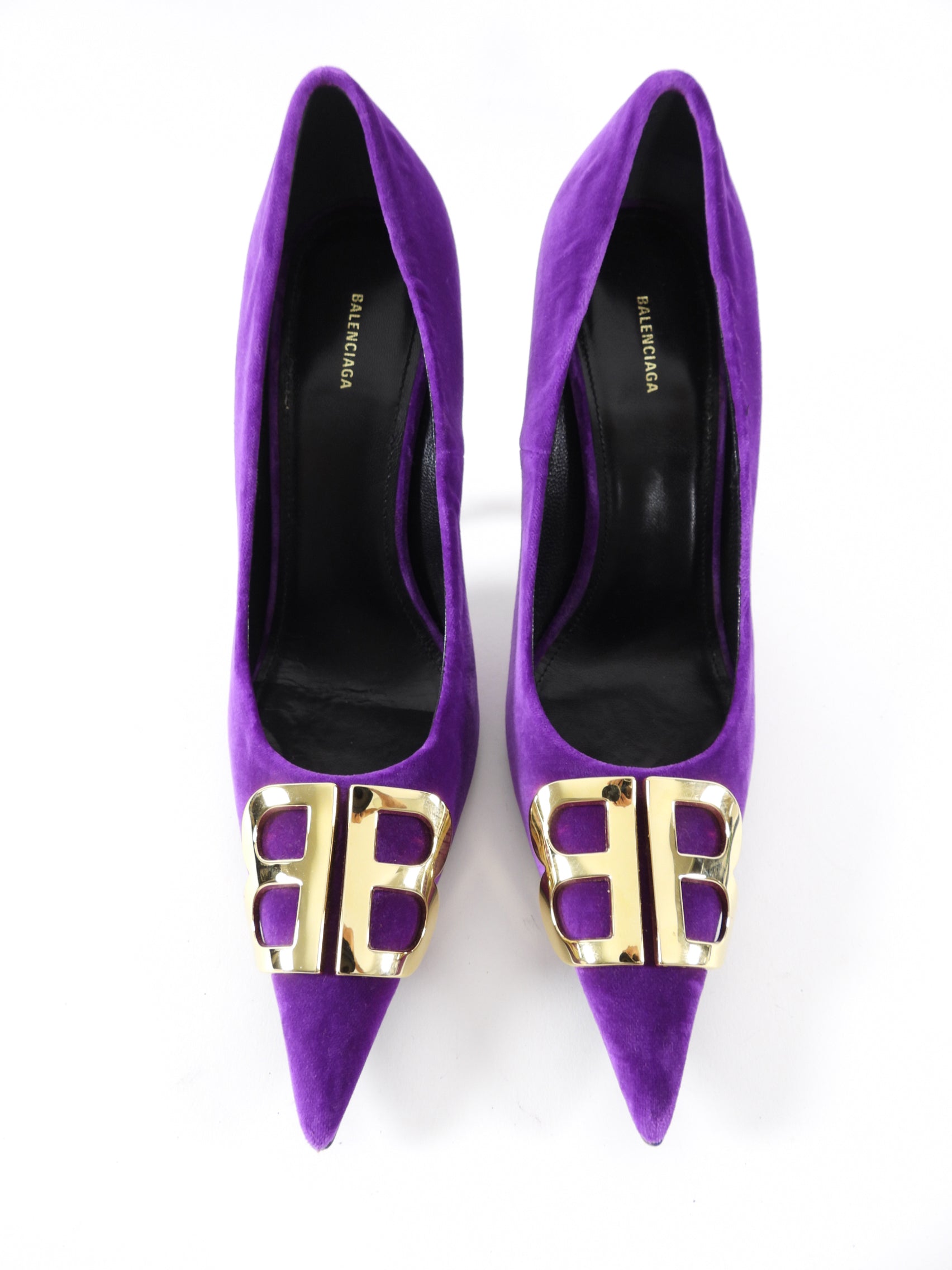Balenciaga Purple Velvet Gold BB Knife Pumps Women's Heels Size 7 (37 EU) - Perfect for Evening Parties, Weddings & Special Occasions