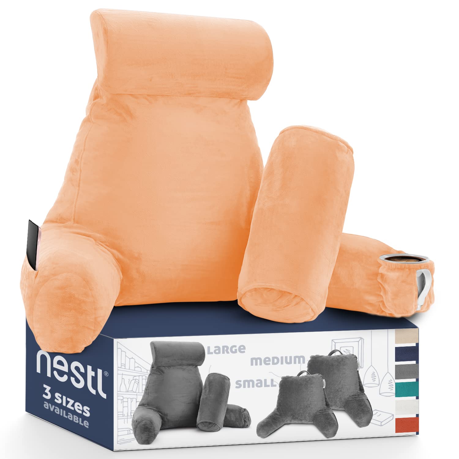 **Nestl Reading Pillow - Large Shredded Memory Foam Backrest Pillow for Sitting in Bed, Reading & Relaxing - Light Orange Bed Chair Pillow with Pockets - Perfect for Cozy Reading, Watching TV & Lounging in Bed**