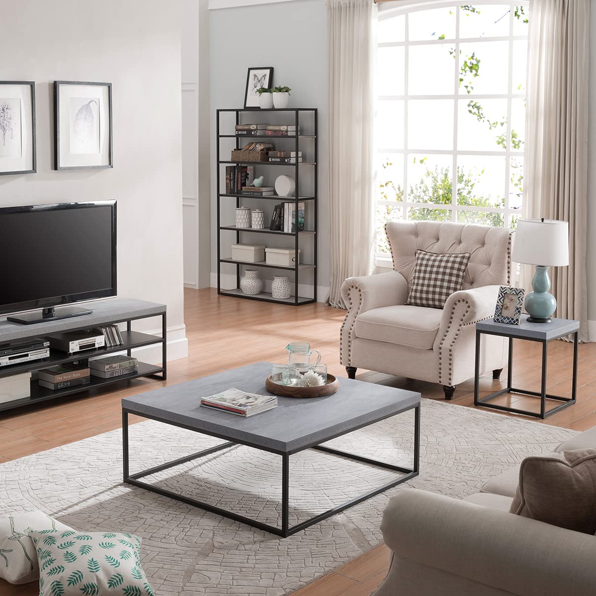 CENSI 18-Inch Grey Concrete End Table - Modern Industrial Side Table & Coffee Table for Living Room, Bedroom, or Office - Square Design with Metal & Wood Base - Durable & Stylish Home Decor