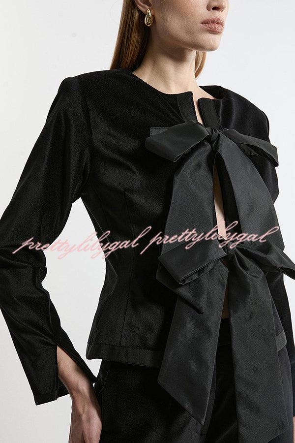 Velvet Tailored Taffeta Peplum Jacket with Bow Detail - Elegant Cocktail Party Blazer for Women, Perfect for Evening Events, Weddings & Date Nights